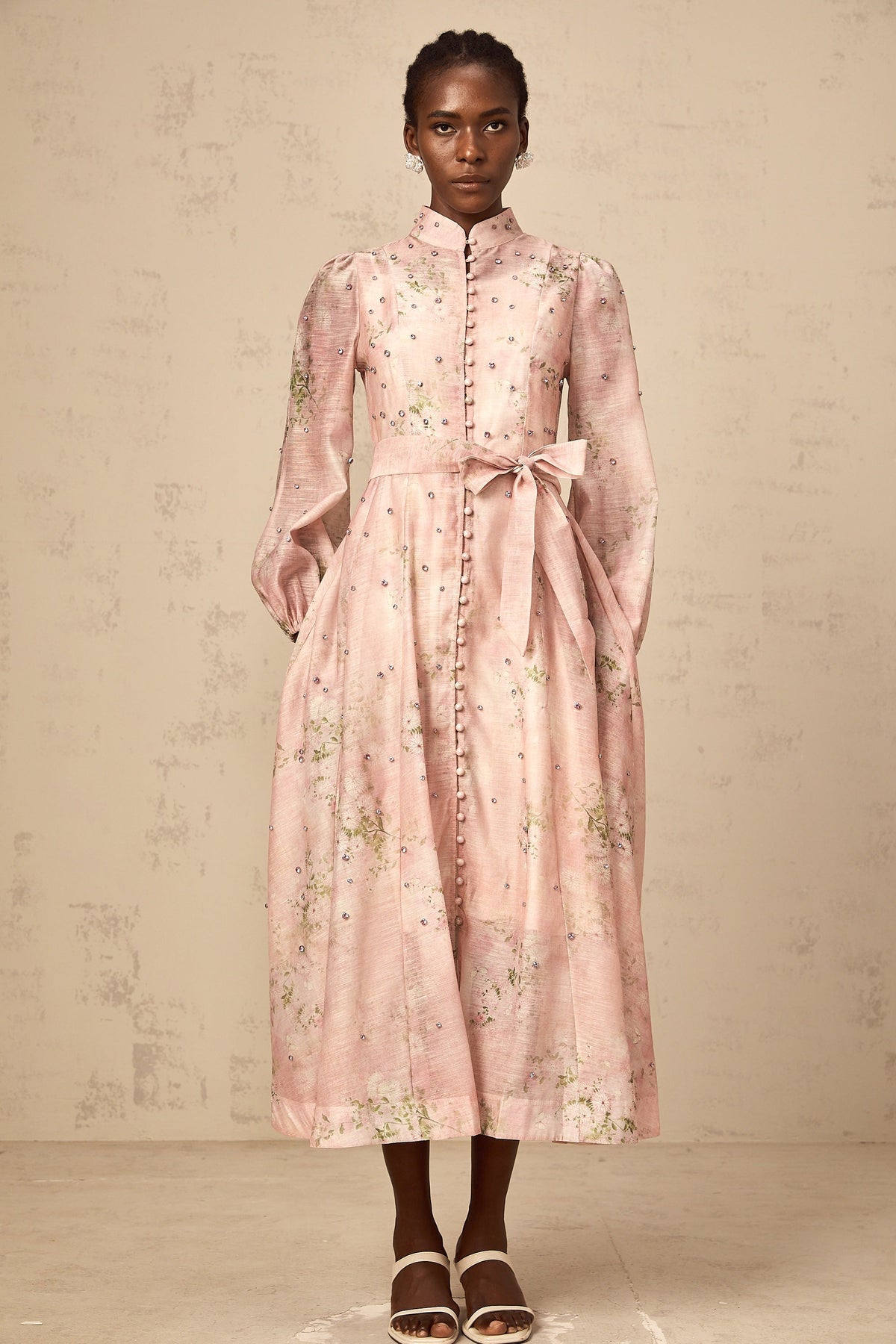 Narcisse pink embellished floral-print midi dress
