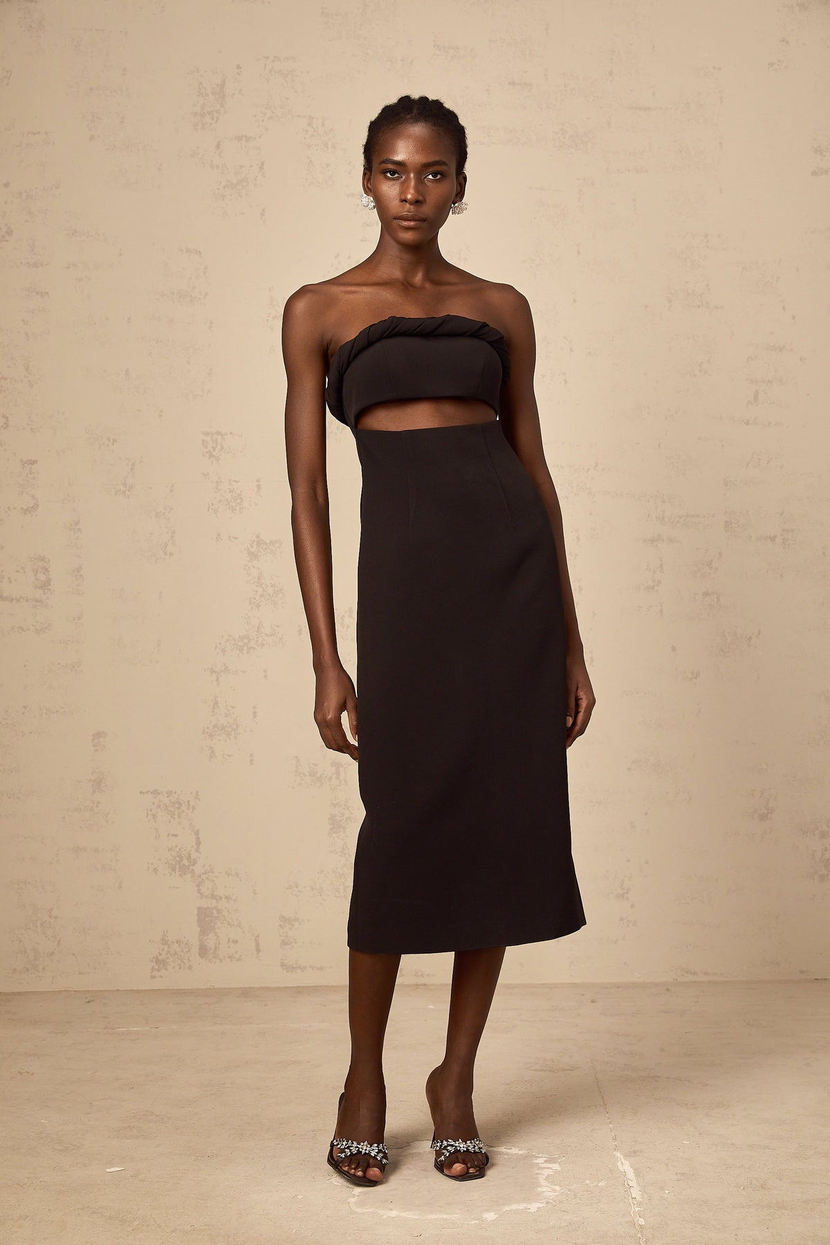 Florence black off-shoulder cut-out fitted midi dress