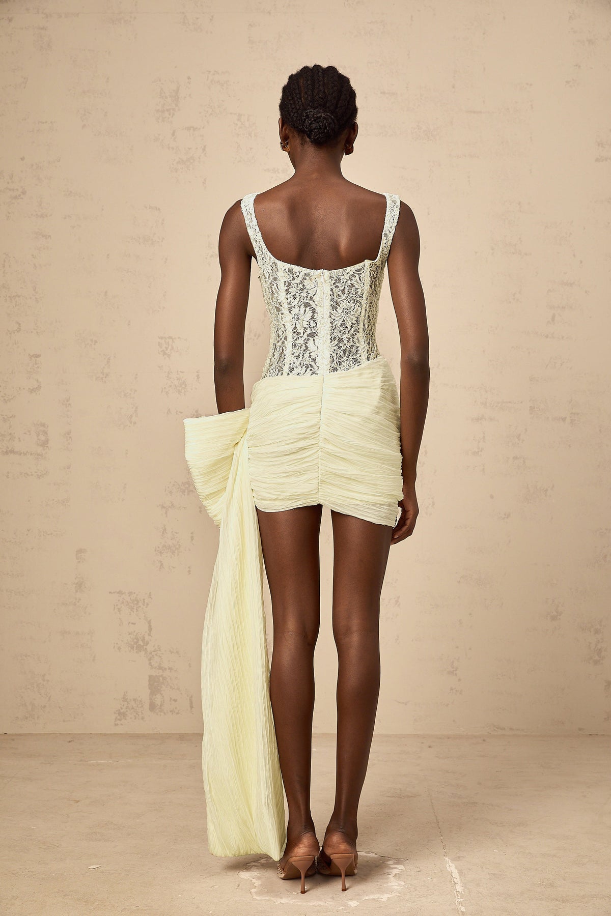 Gabrielle neutrals bowknot floral-lace-penal mini dress