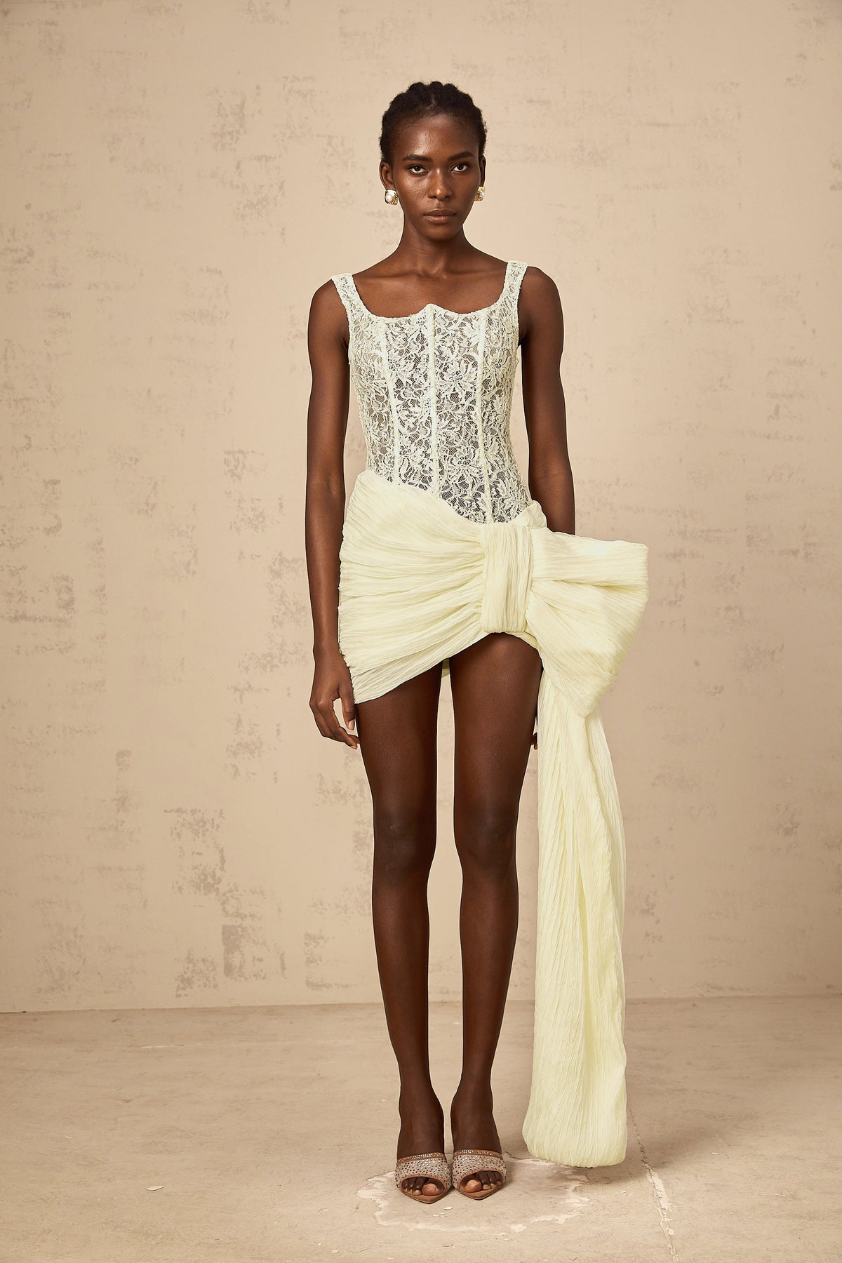 Gabrielle neutrals bowknot floral-lace-penal mini dress (Final Sale)