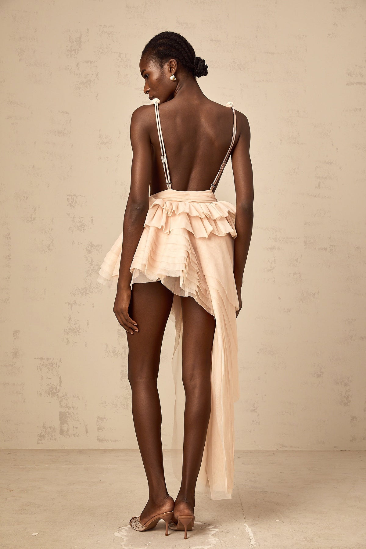Isoline ribbon-design asymmetrical mini dress in Neutrals (Final Sale)