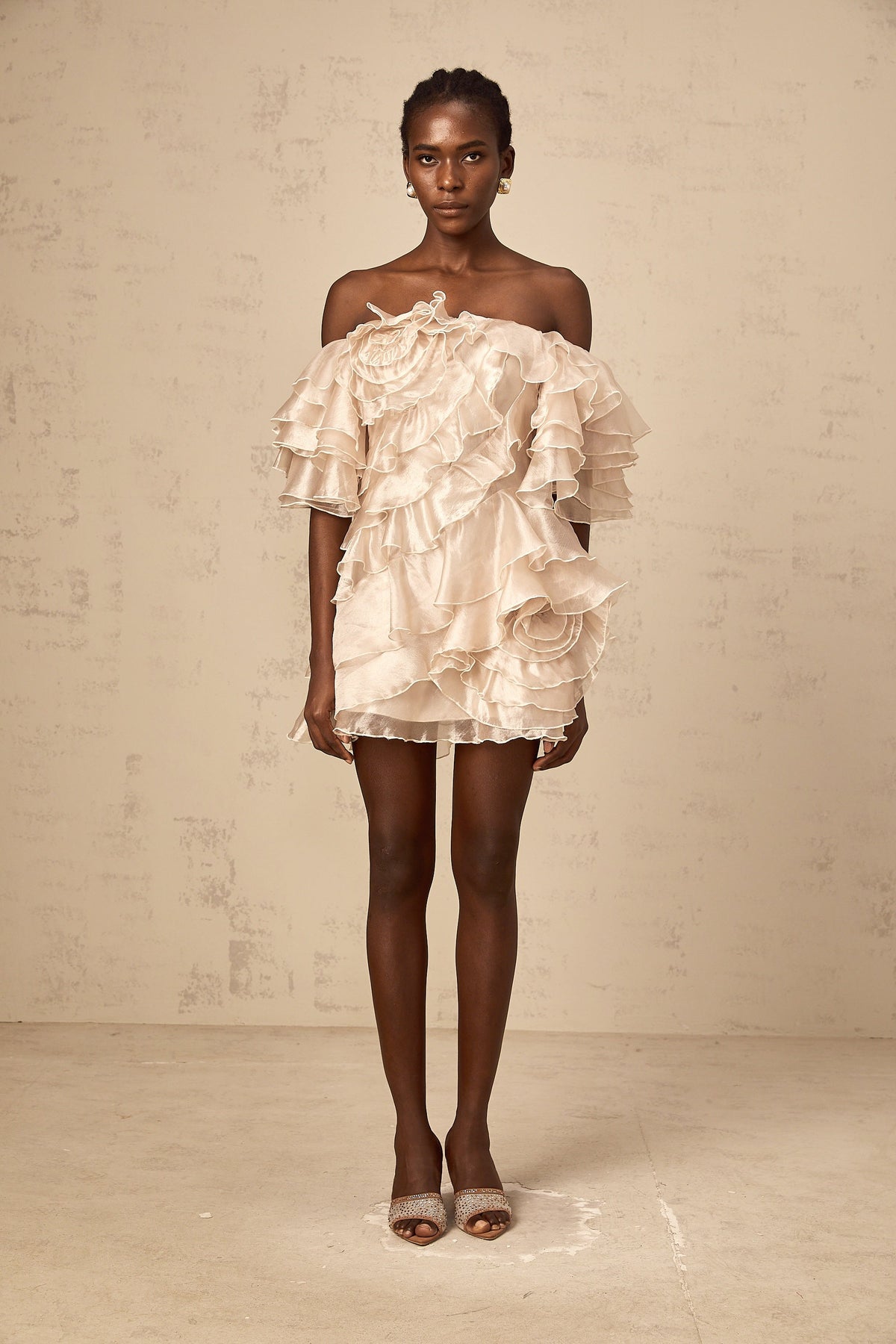Cerise asymmetrical flounce mini dress in Neutrals (Final Sale-US Only)