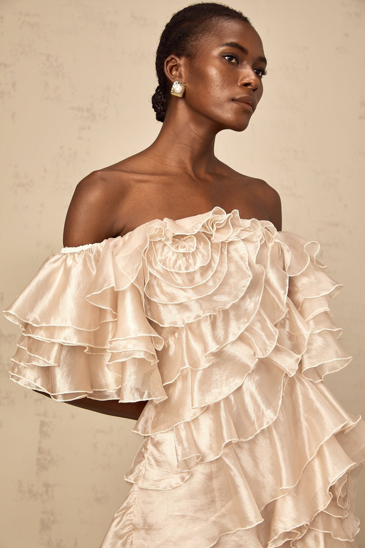 Cerise asymmetrical flounce mini dress in Neutrals