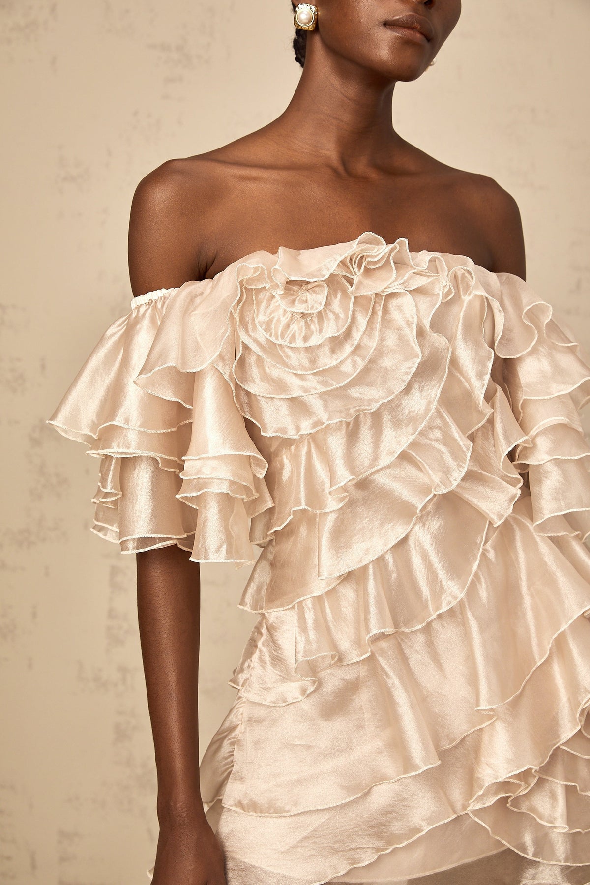 Cerise asymmetrical flounce mini dress in Neutrals