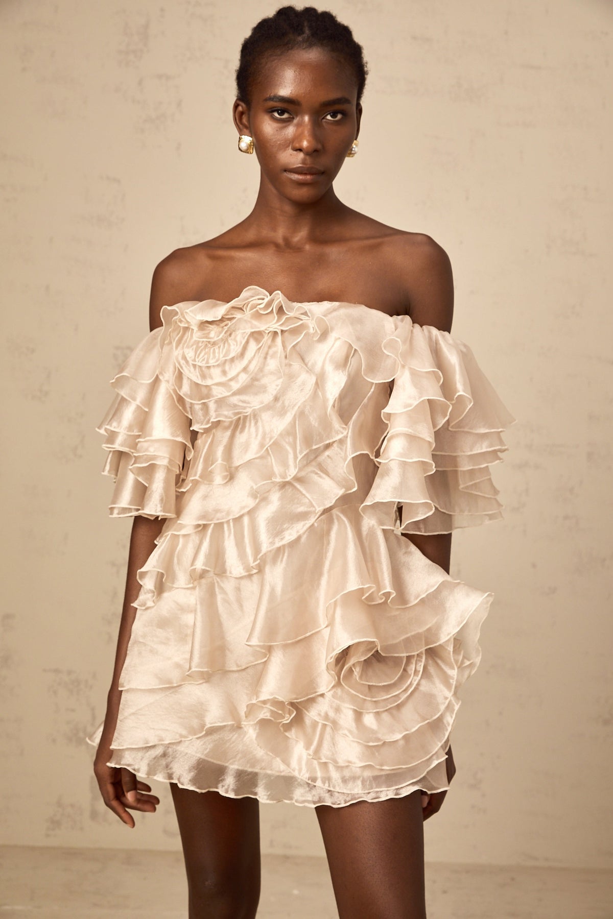 Cerise asymmetrical flounce mini dress in Neutrals