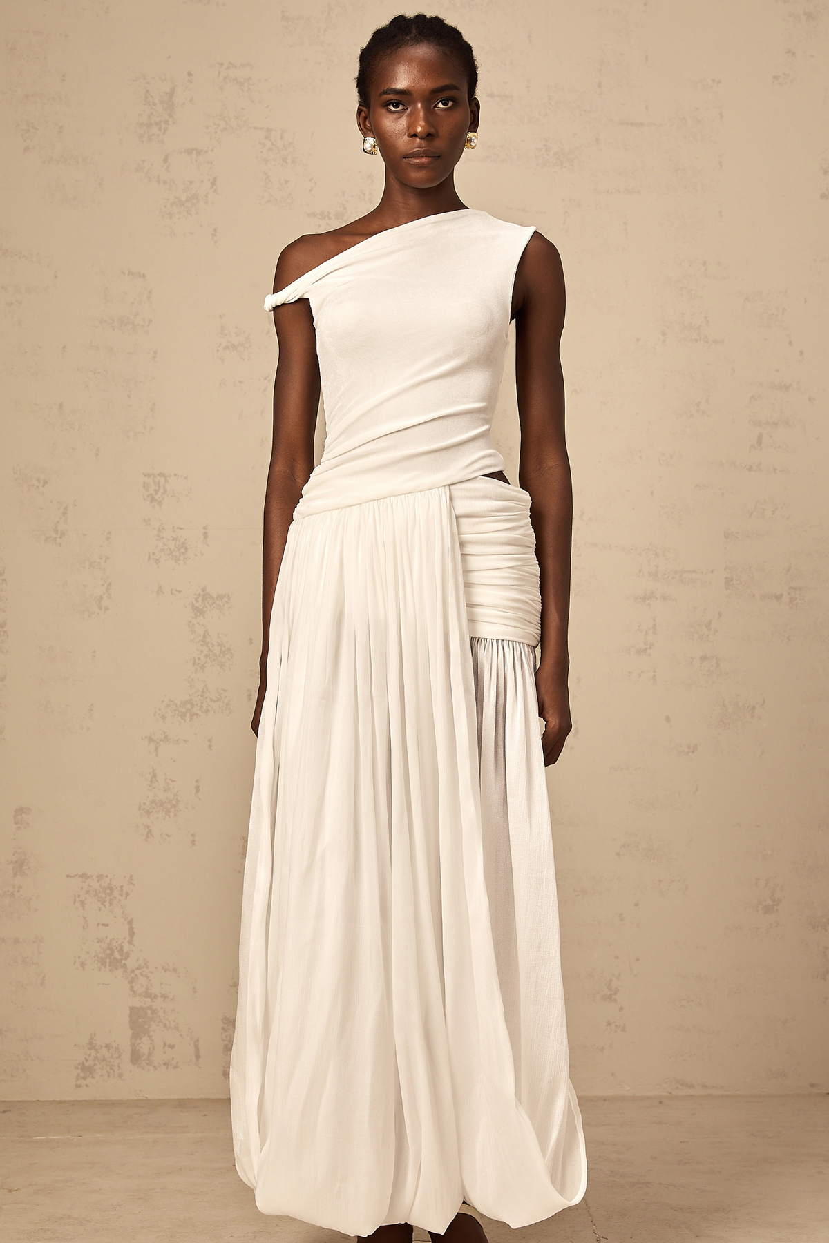 Eugenie mono-shoulder shirred-panel maxi dress in White