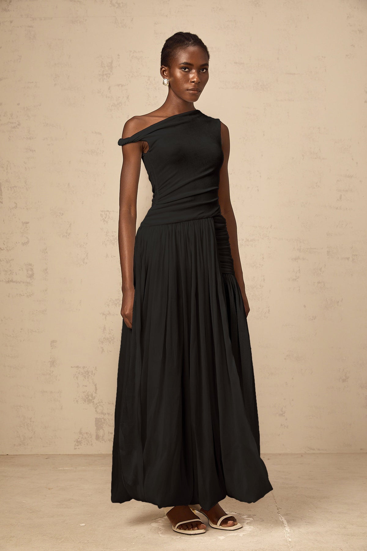 Eugenie mono-shoulder shirred-panel maxi dress in Black