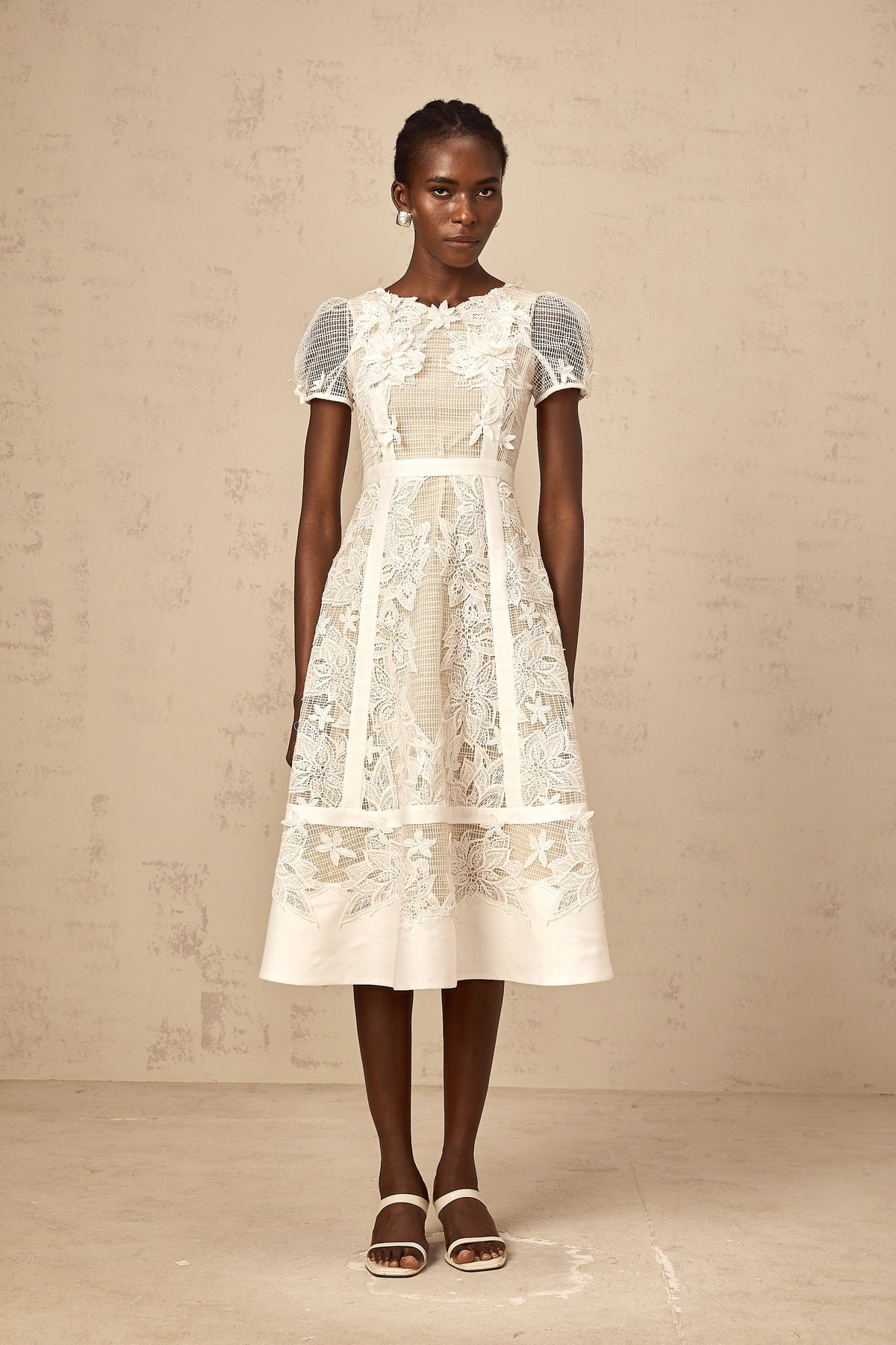 Clémence white flower-embroidered midi dress