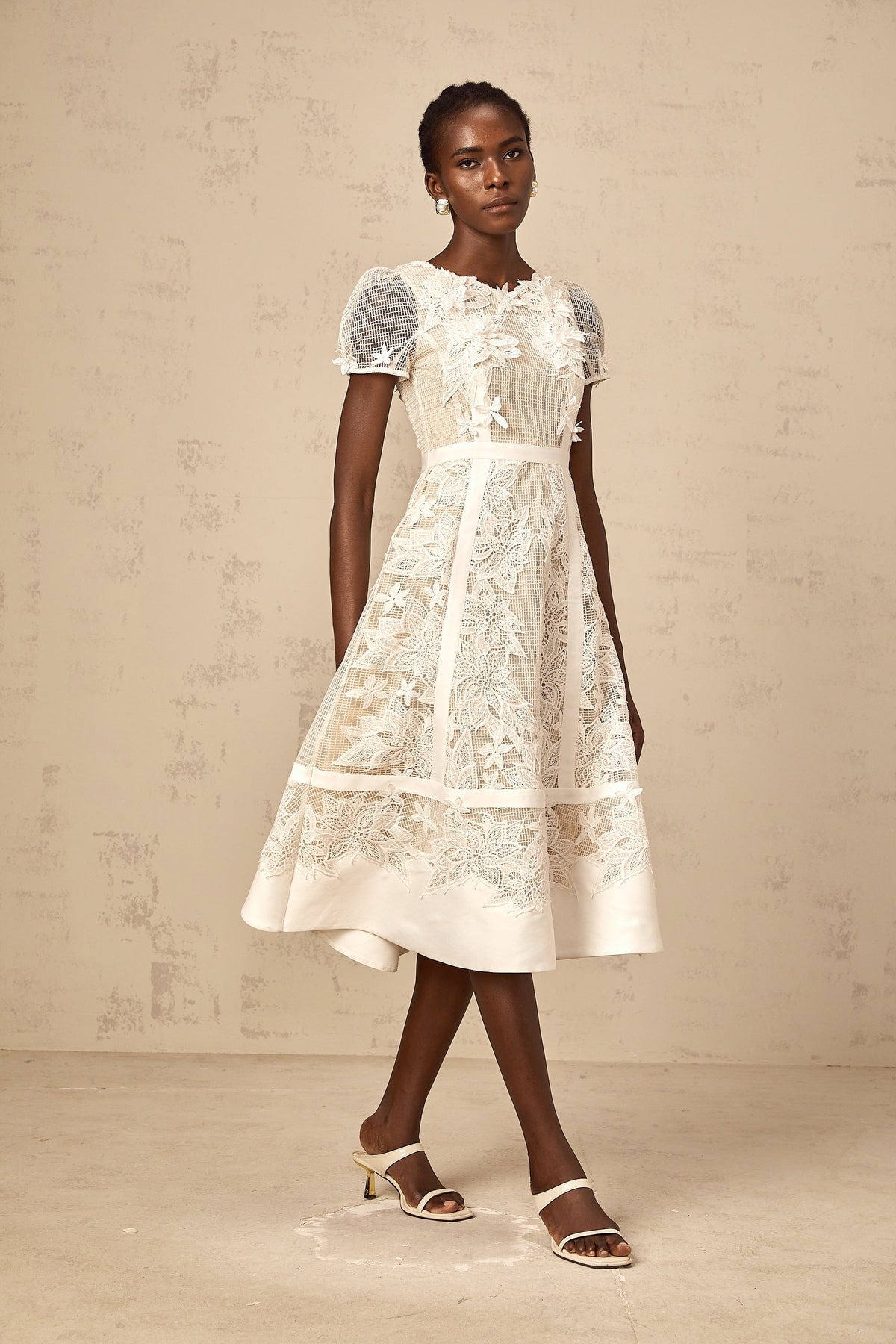 Clémence white flower-embroidered midi dress