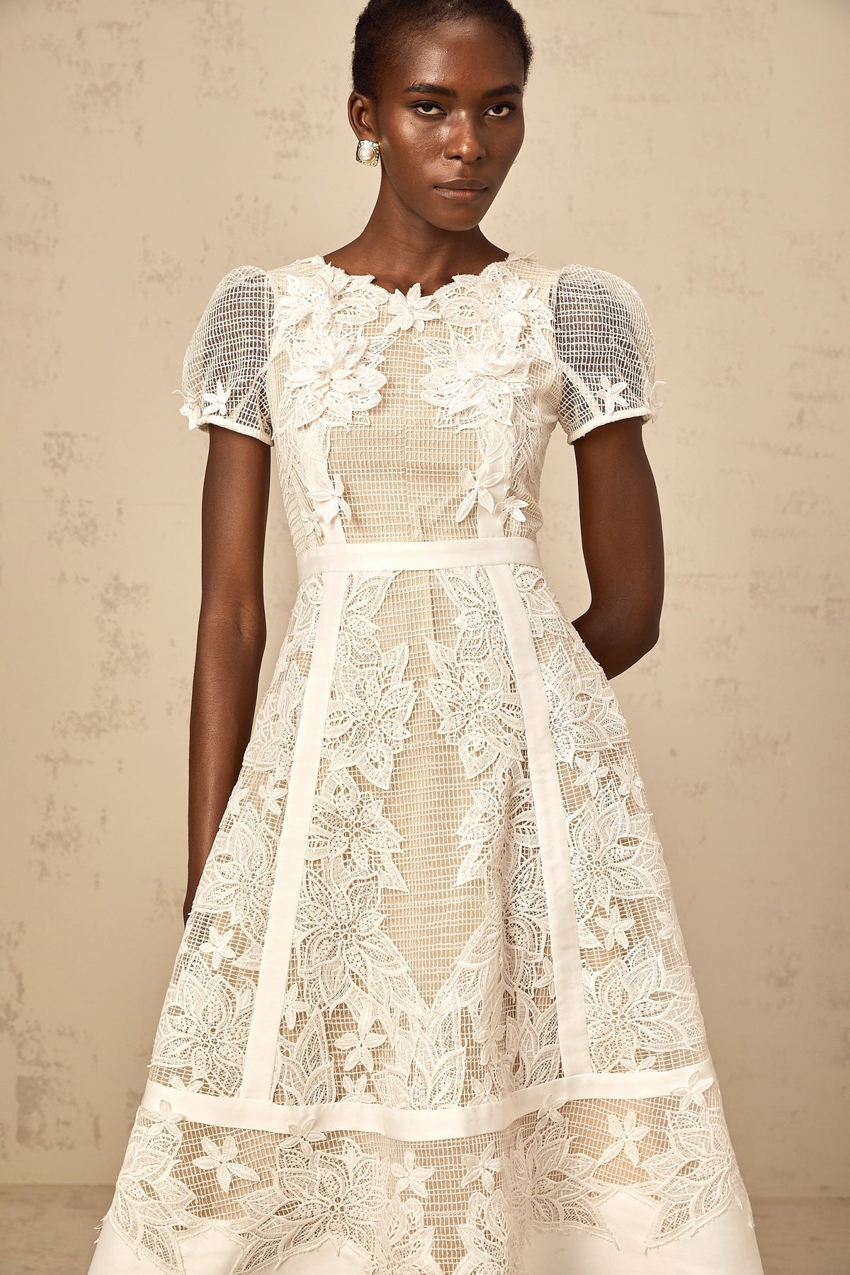 Clémence white flower-embroidered midi dress