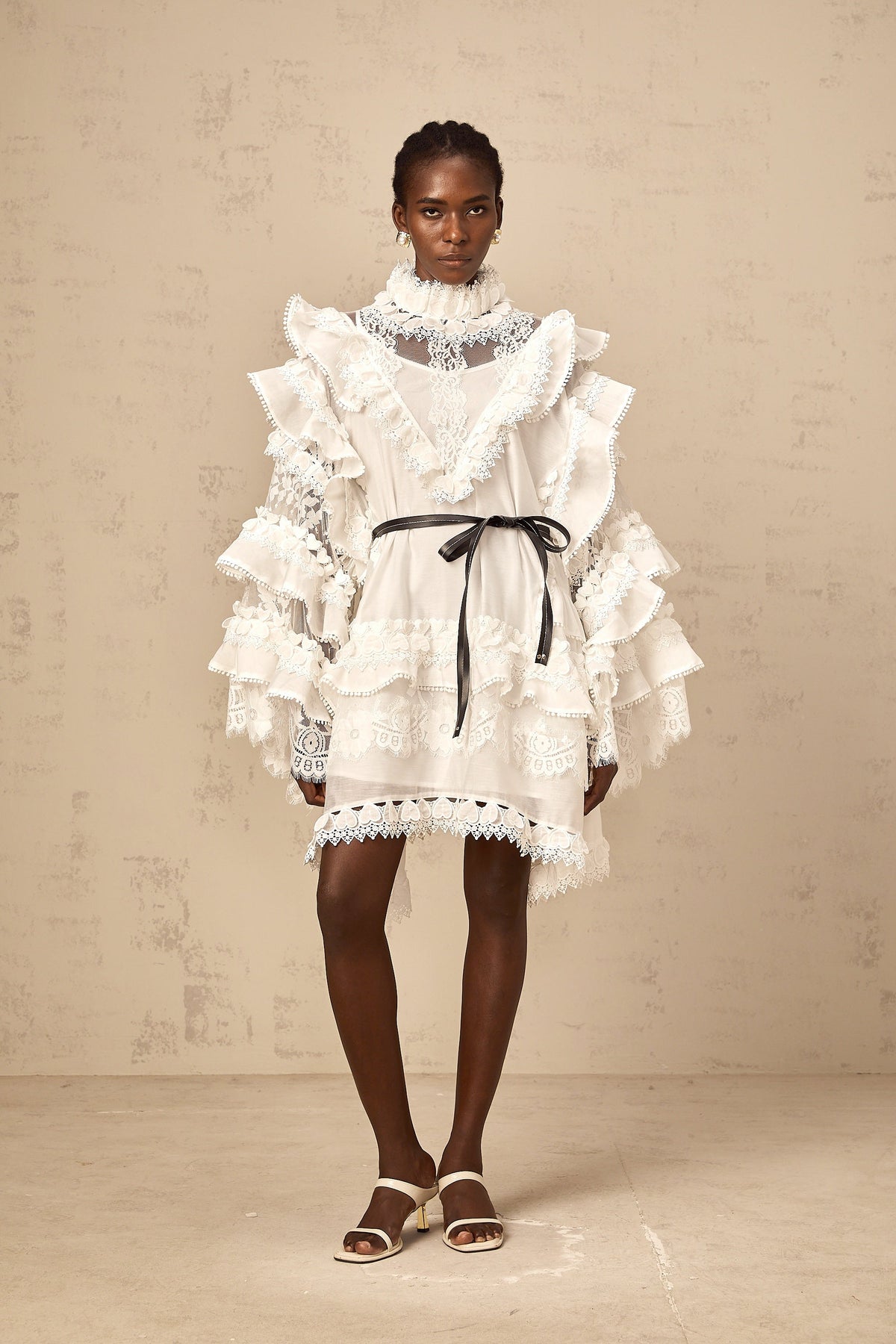 Mylène white tied layered lace mini dress
