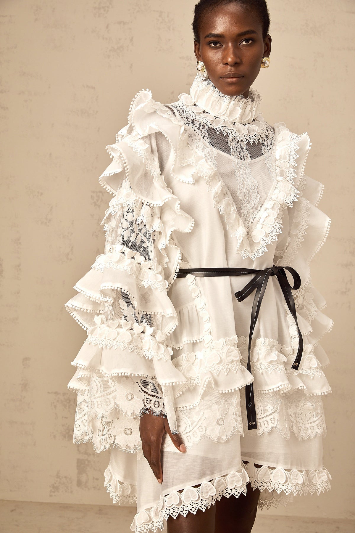 Mylène white tied layered lace mini dress