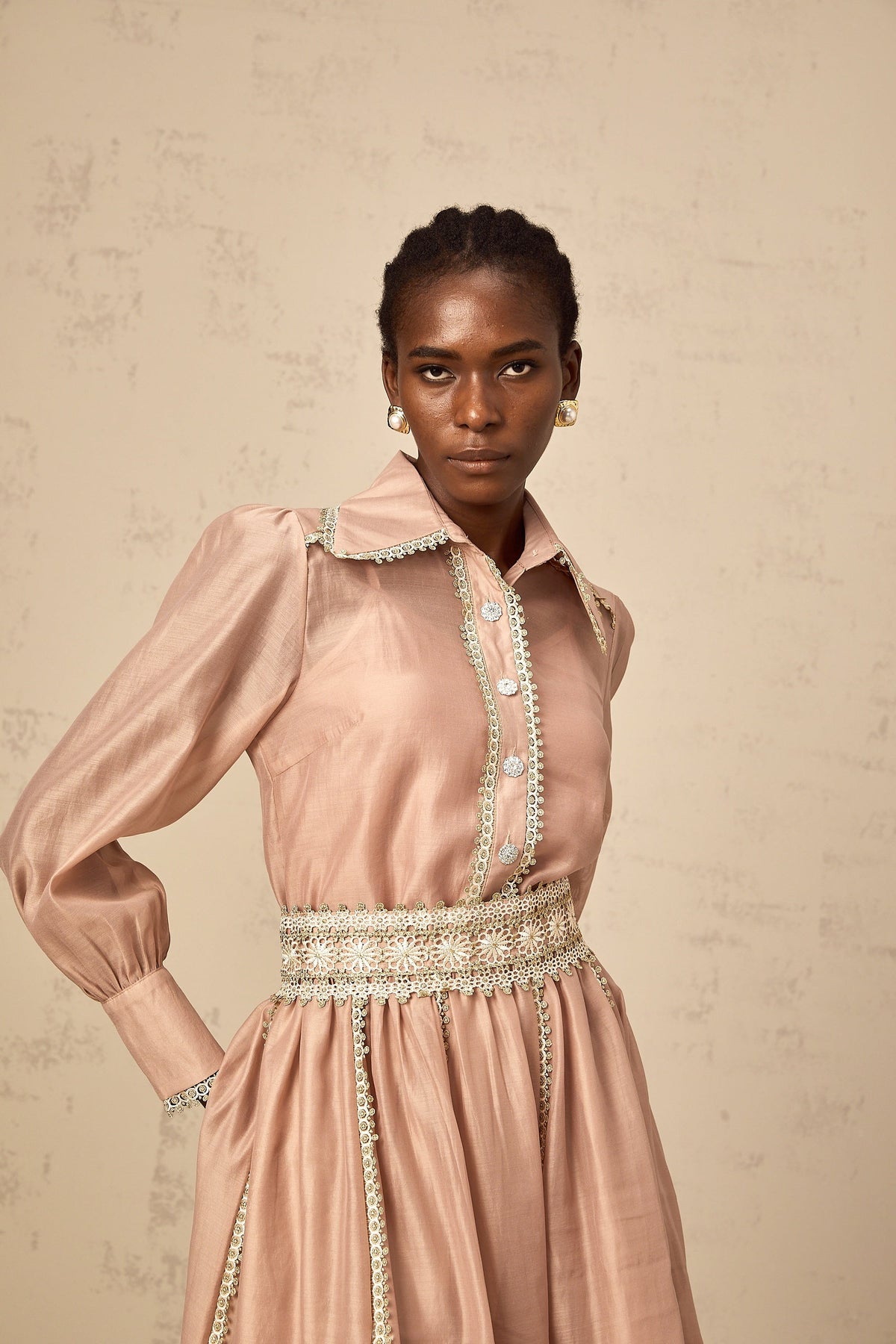 Zazie salmon-pink lace-trim shirt & skirt matching set