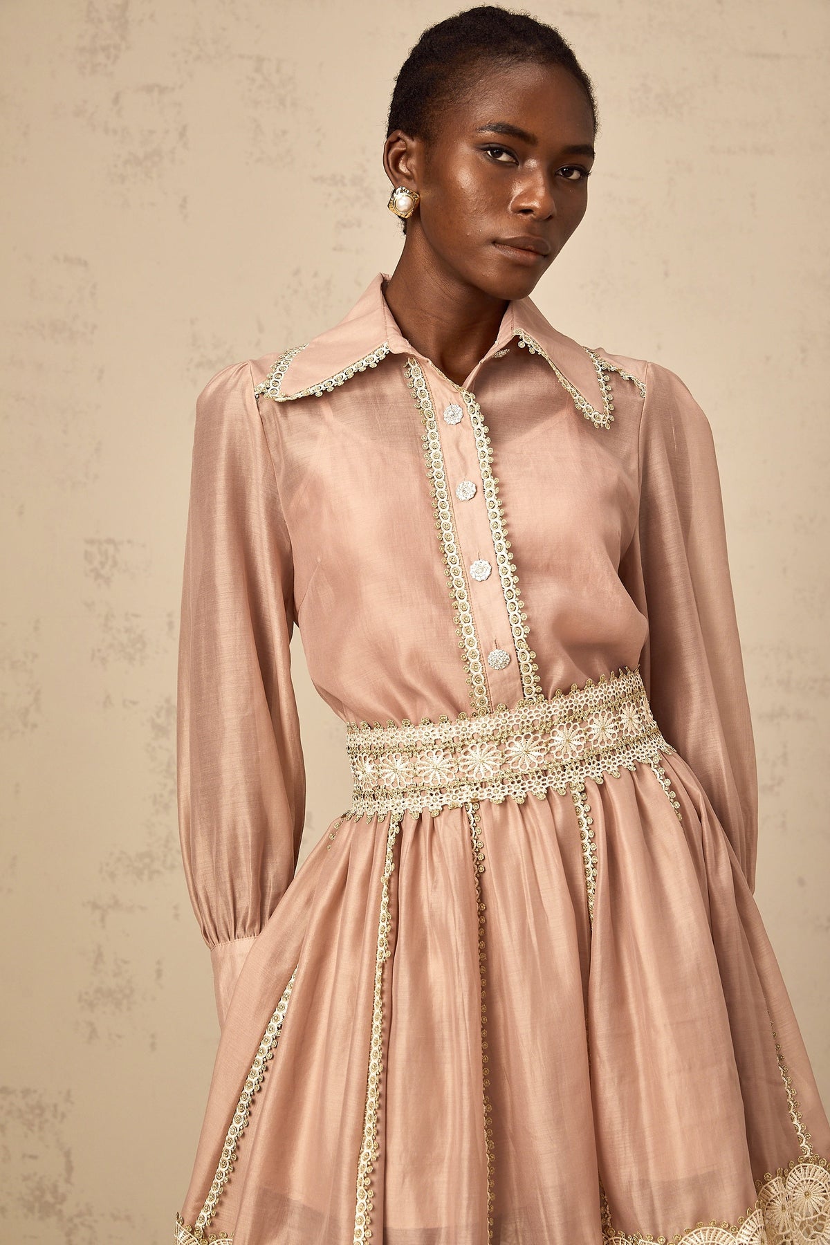 Zazie salmon-pink lace-trim shirt & skirt matching set