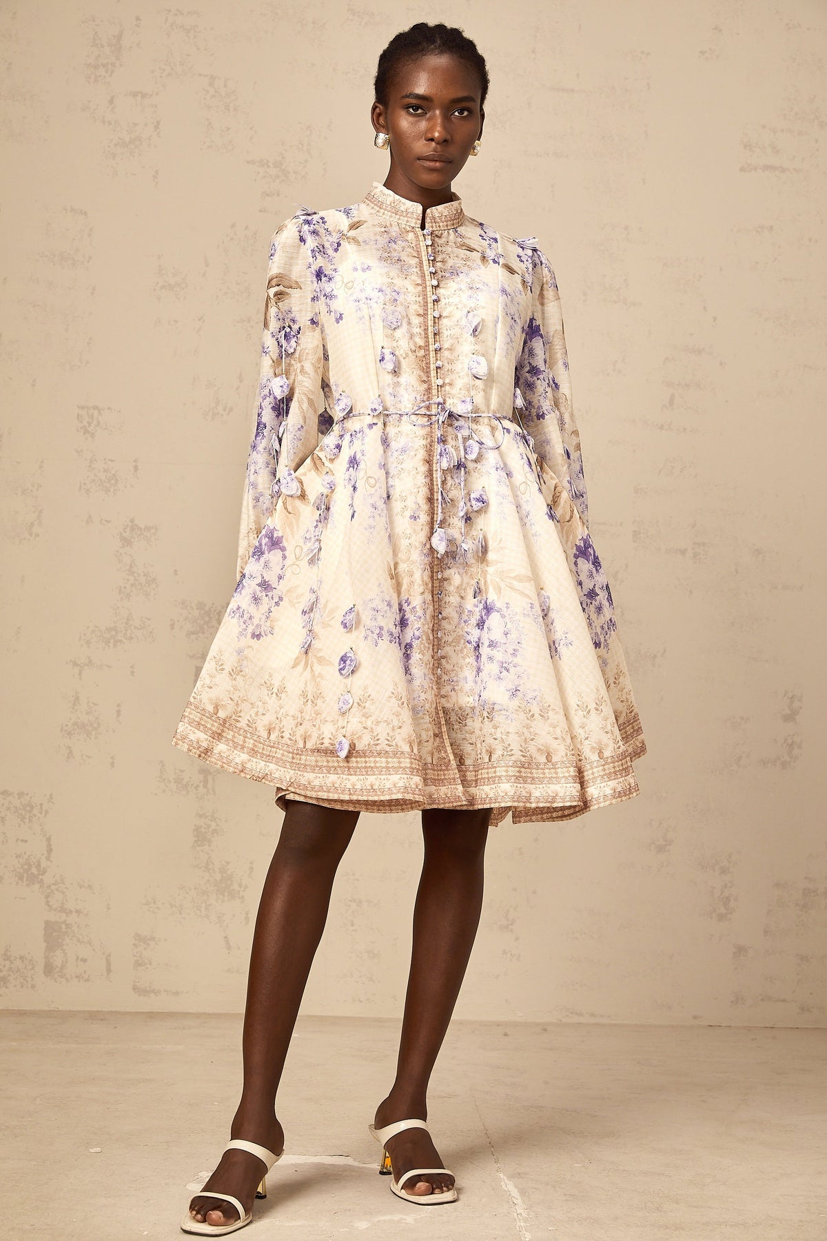 Amélie petal-detail floral-print mini dress in Neutrals