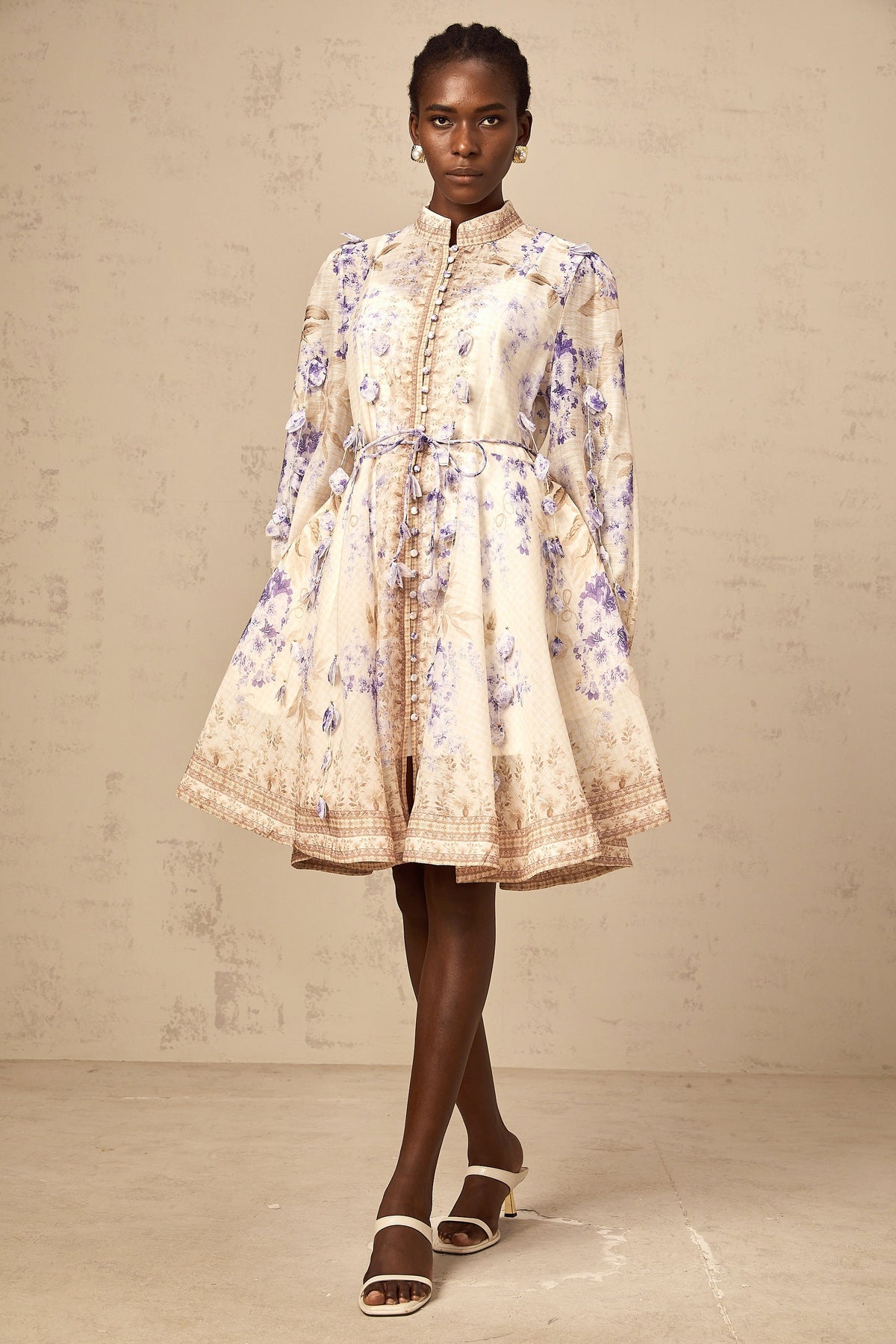 Amélie petal-detail floral-print mini dress in Neutrals