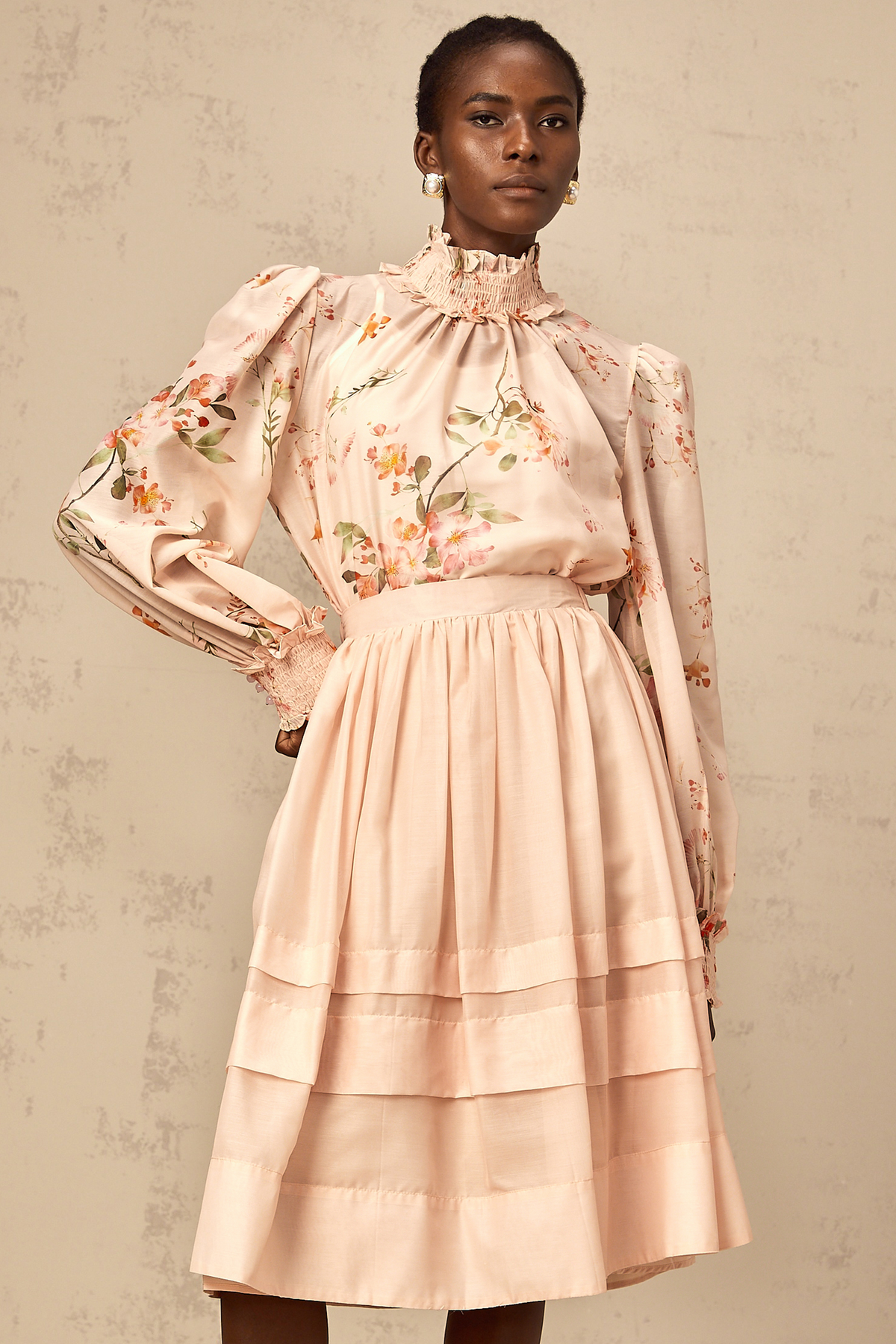 Natacha pink-beige floral-print blouse & skirt matching set