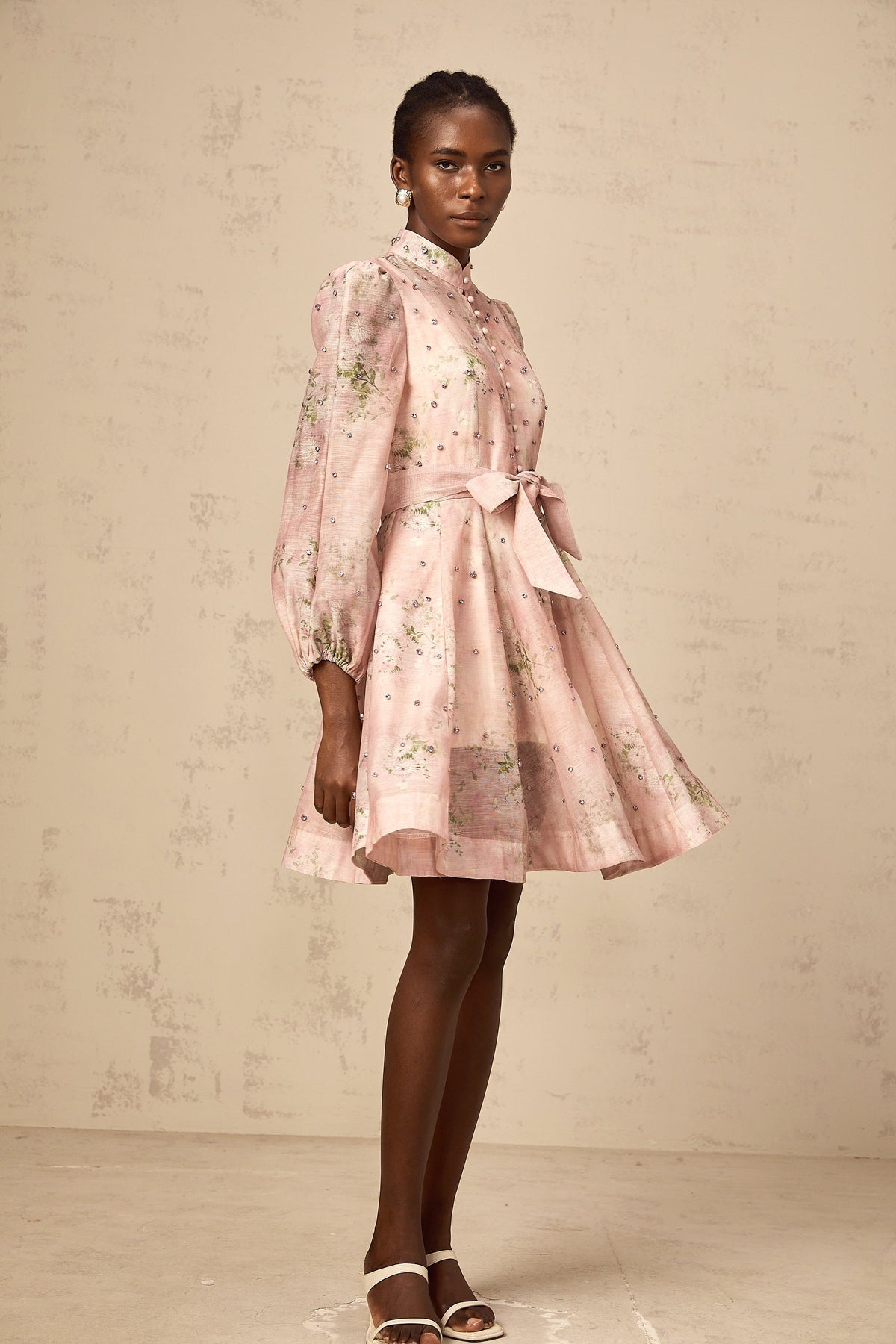 Narcisse pink embellished floral-print mini dress