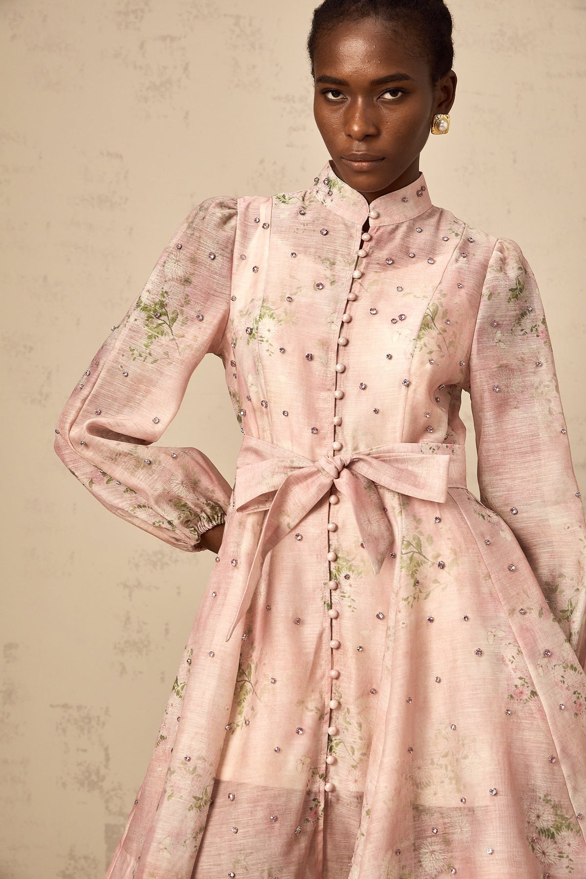 Narcisse pink embellished floral-print mini dress