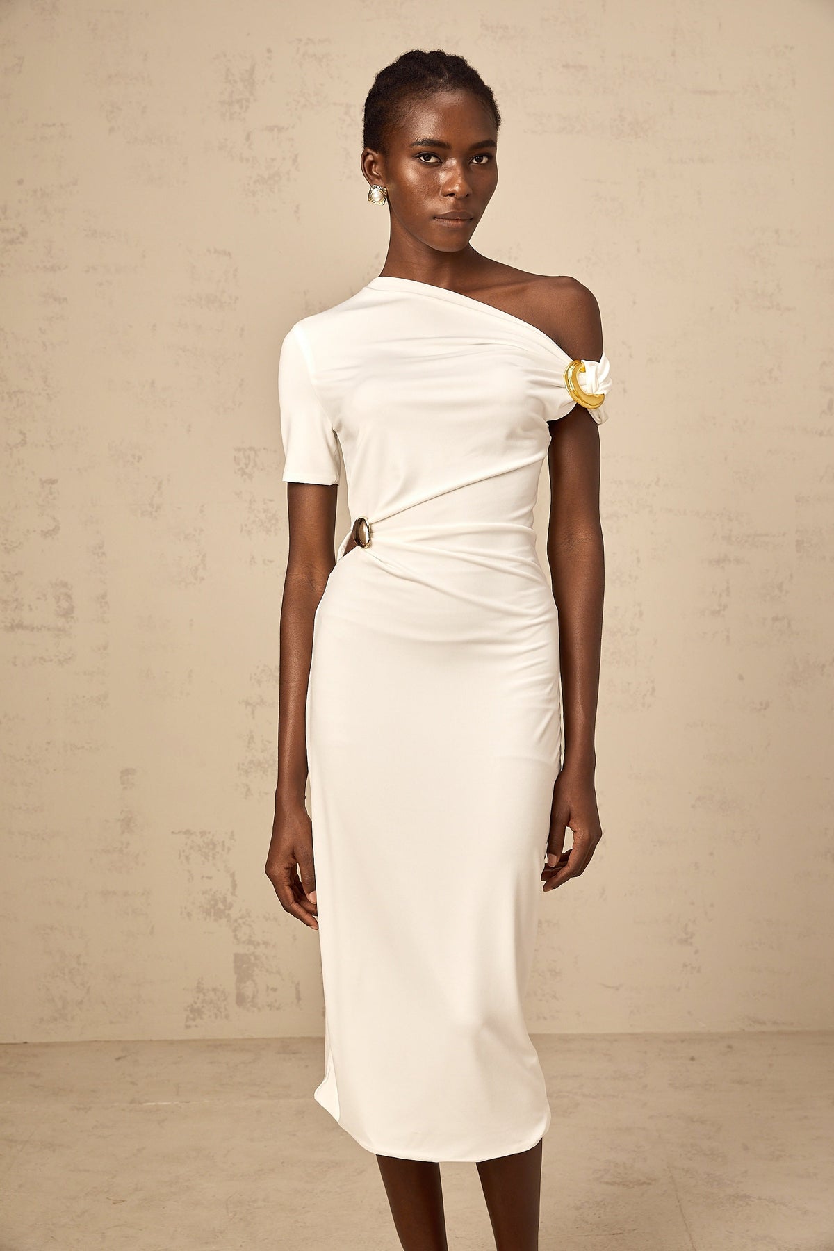 Béryl white asymmetrical buckle midi dress