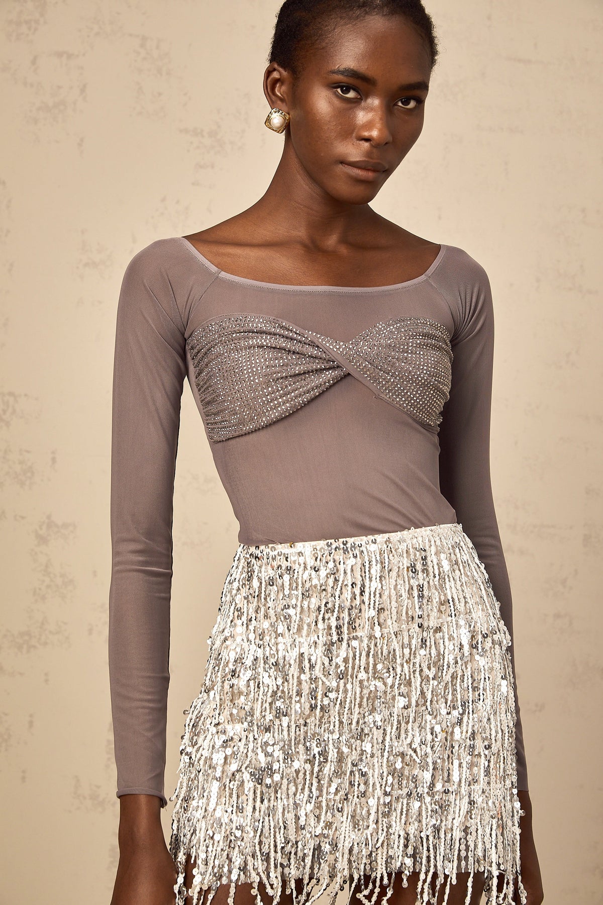 Félicie grey twist-detail embellished tulle top
