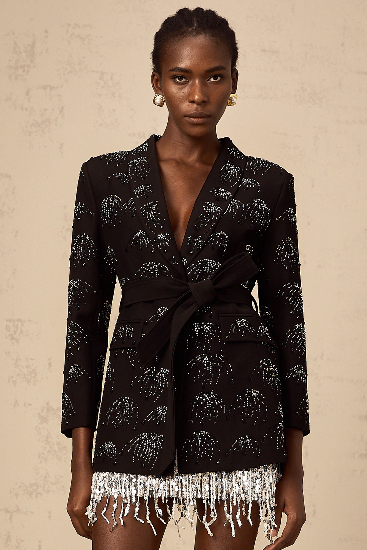 Cerise black rhinestone belted blazer