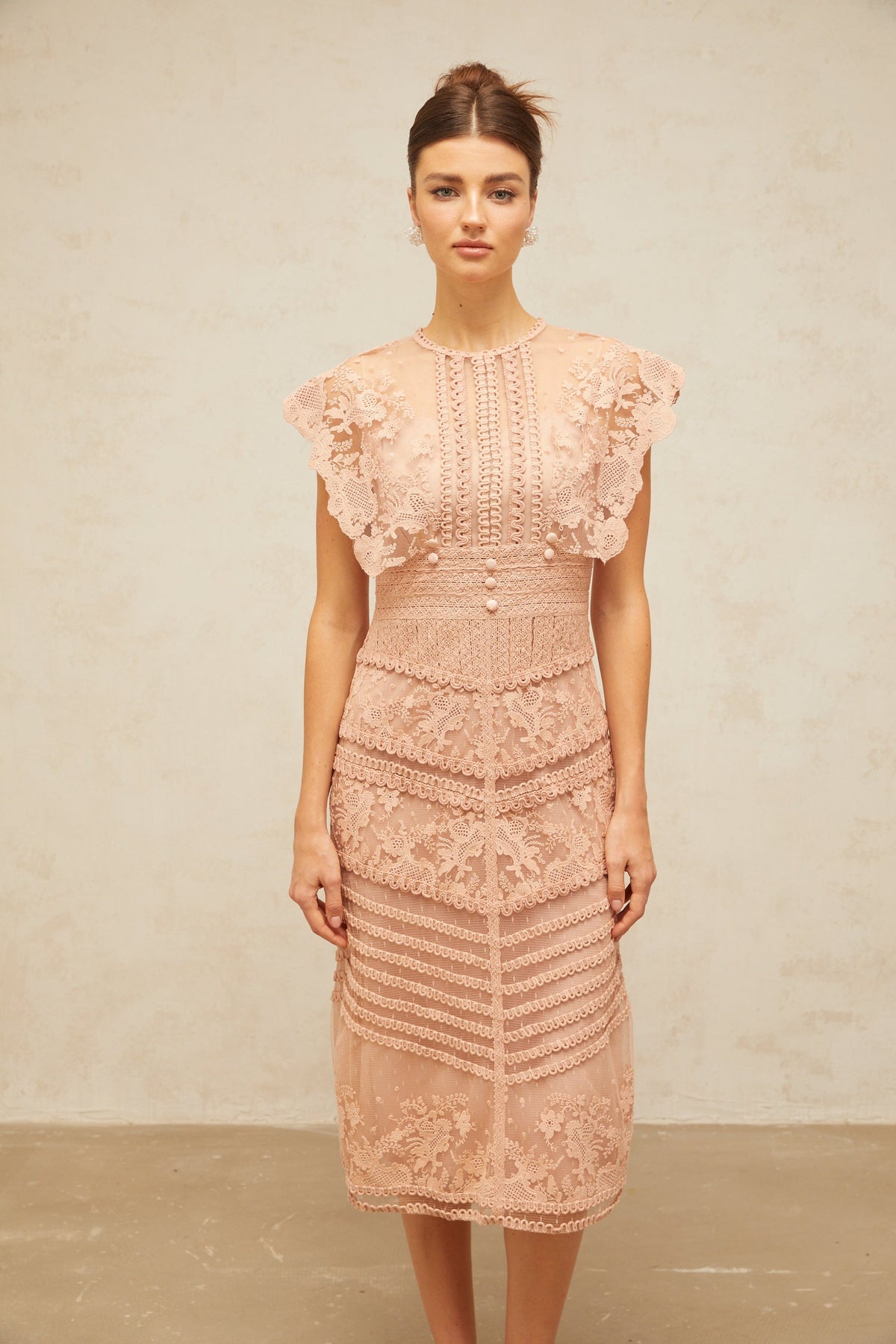 Fleur floral-embroidered lace midi dress in Pink