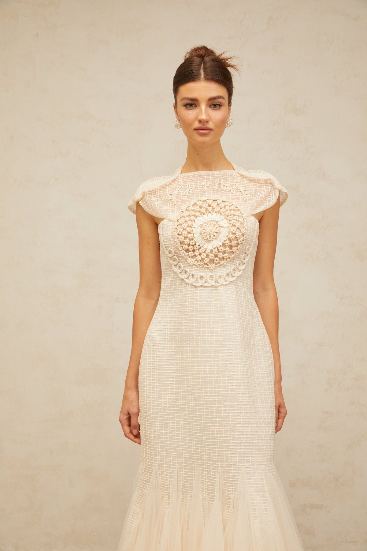 Bérengère white jacquard tulle-panel midi dress
