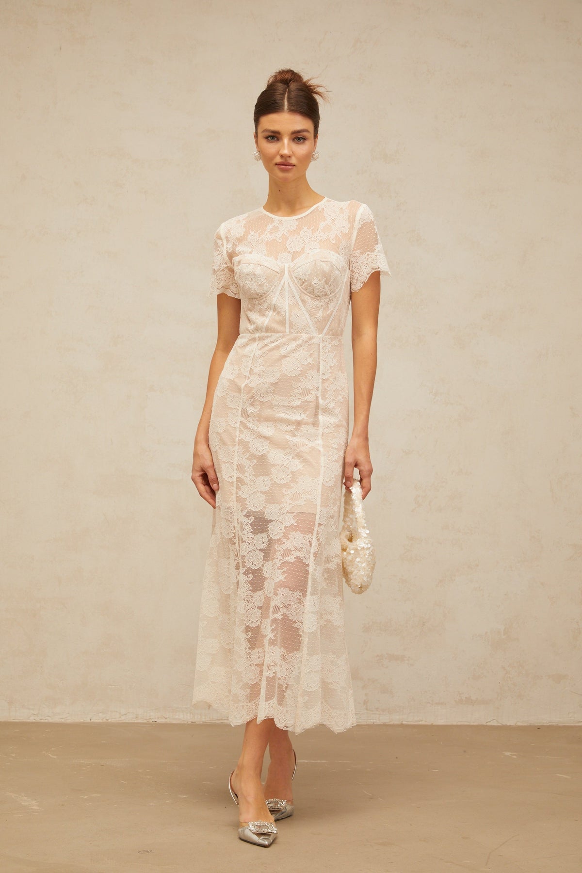 Célia floral-lace midi dress in White