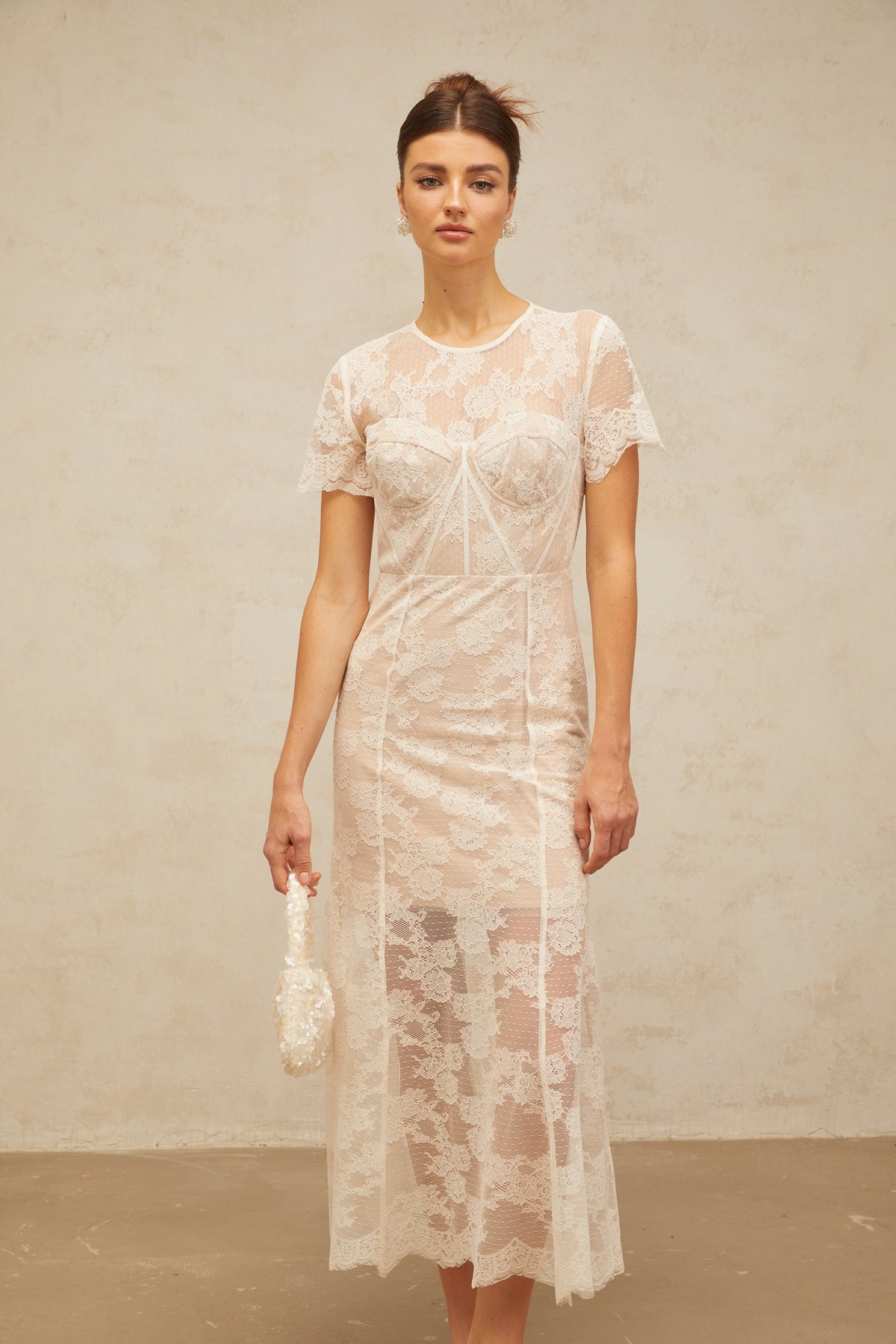 Célia floral-lace midi dress in White