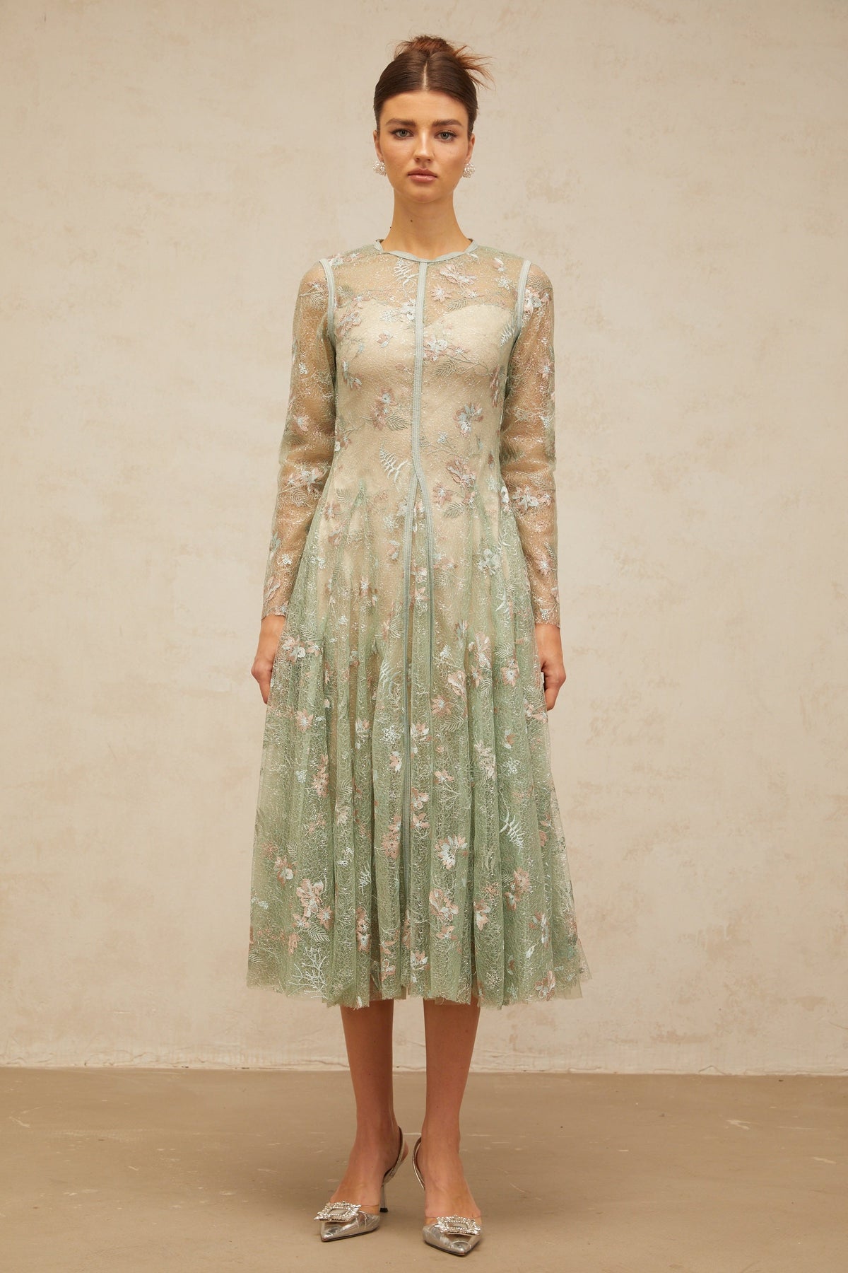 Philomène green flower-embroidered pleated midi dress