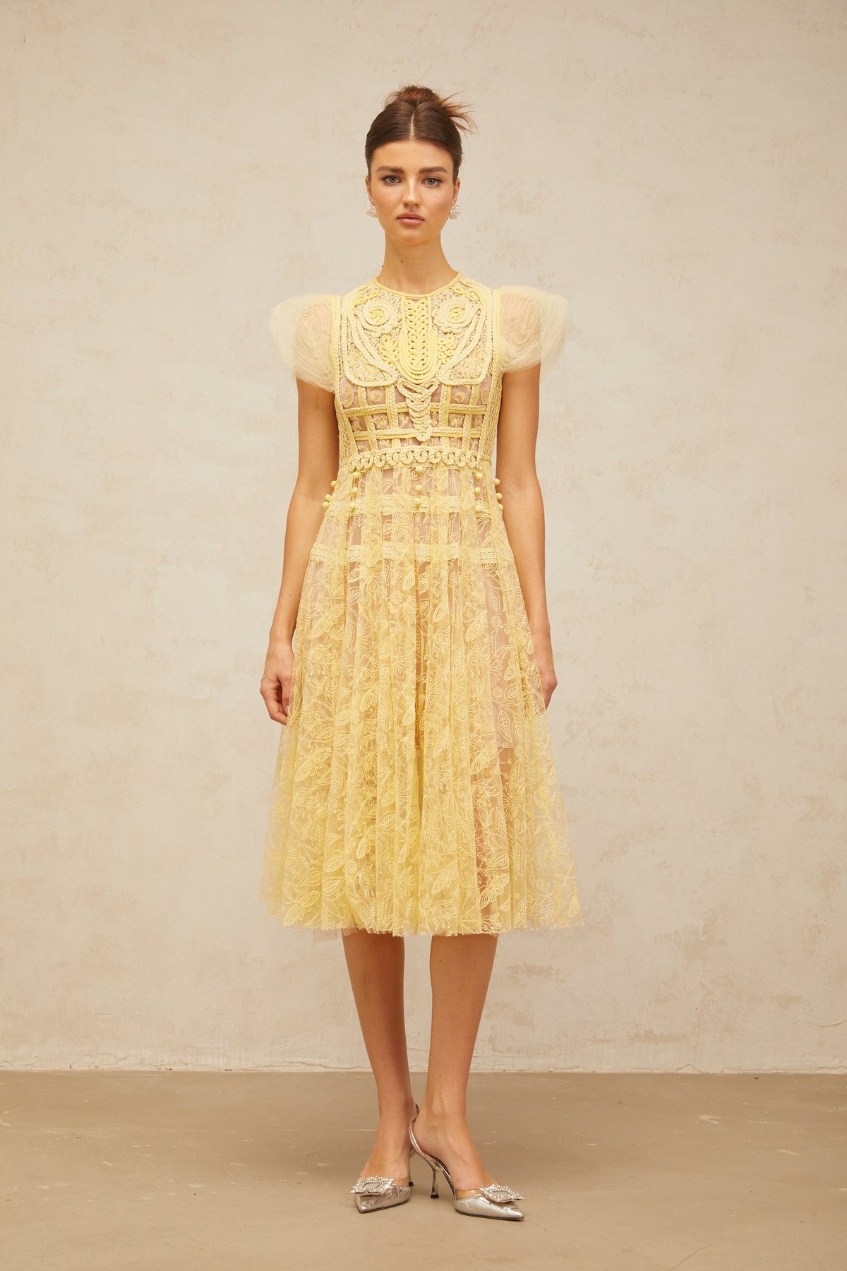 Véronique yellow embroidered-lace pleated midi dress (Final Sale-US Only)