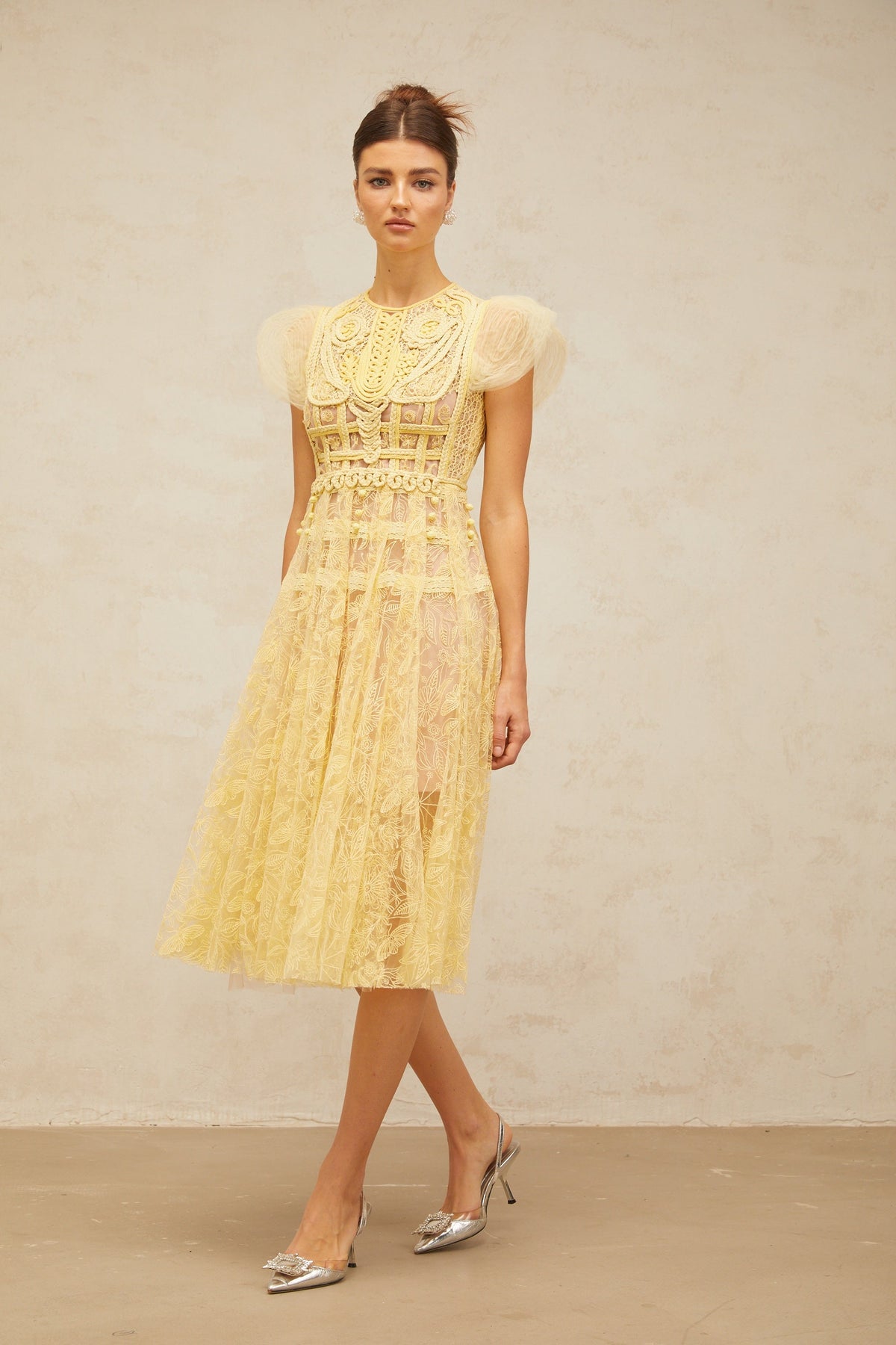 Véronique yellow embroidered-lace pleated midi dress