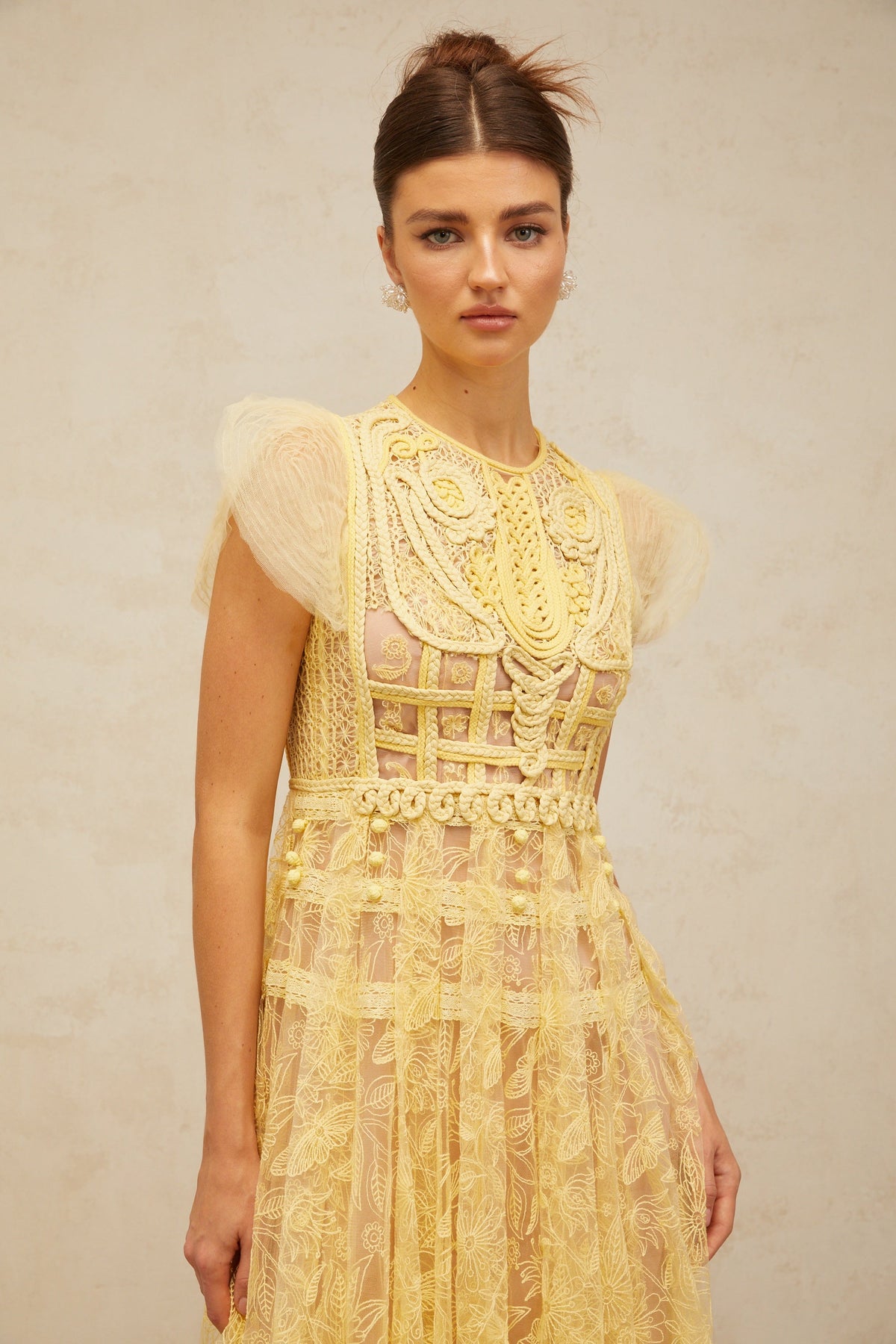 Véronique yellow embroidered-lace pleated midi dress (Final Sale-US Only)