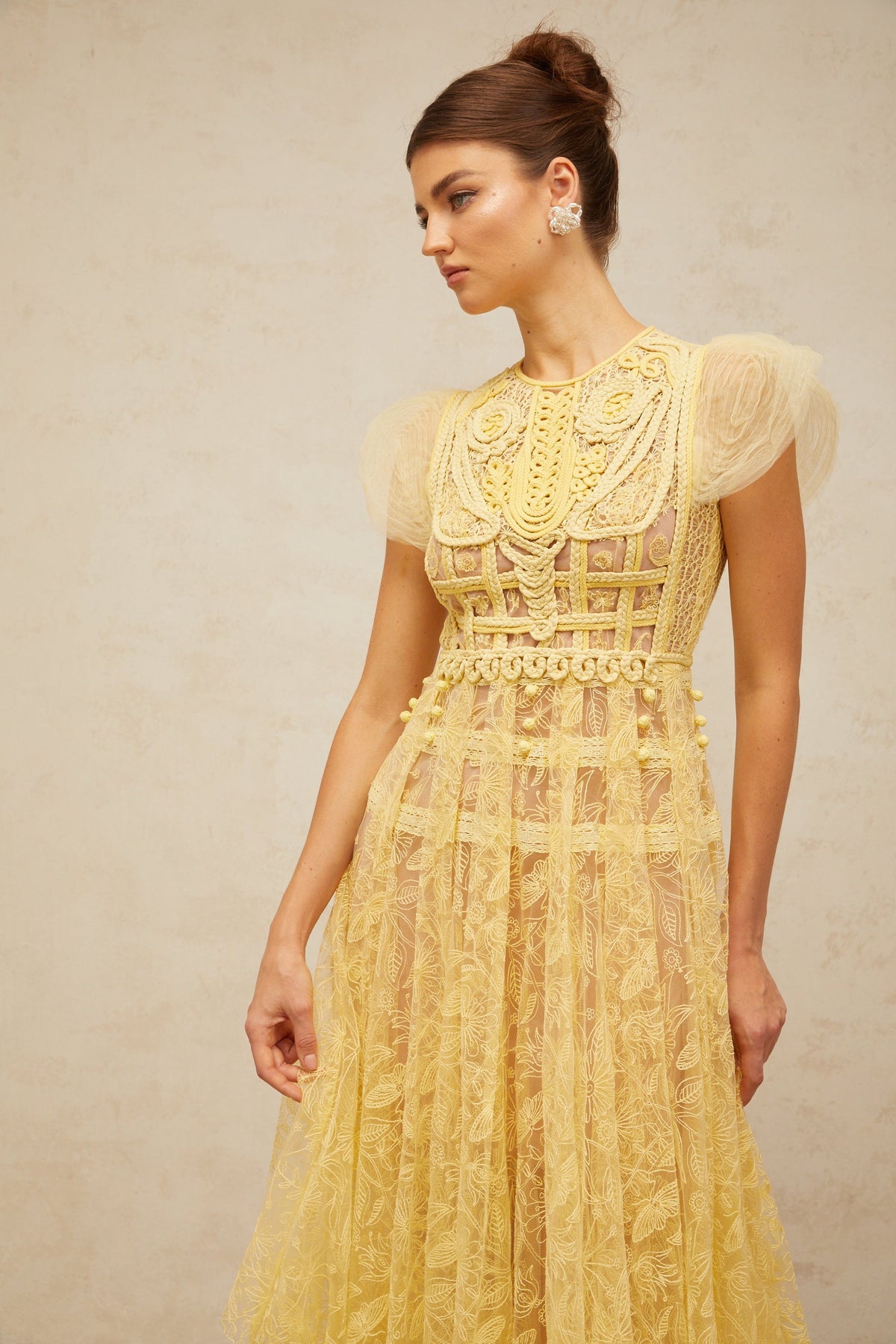 Véronique yellow embroidered-lace pleated midi dress (Final Sale-US Only)
