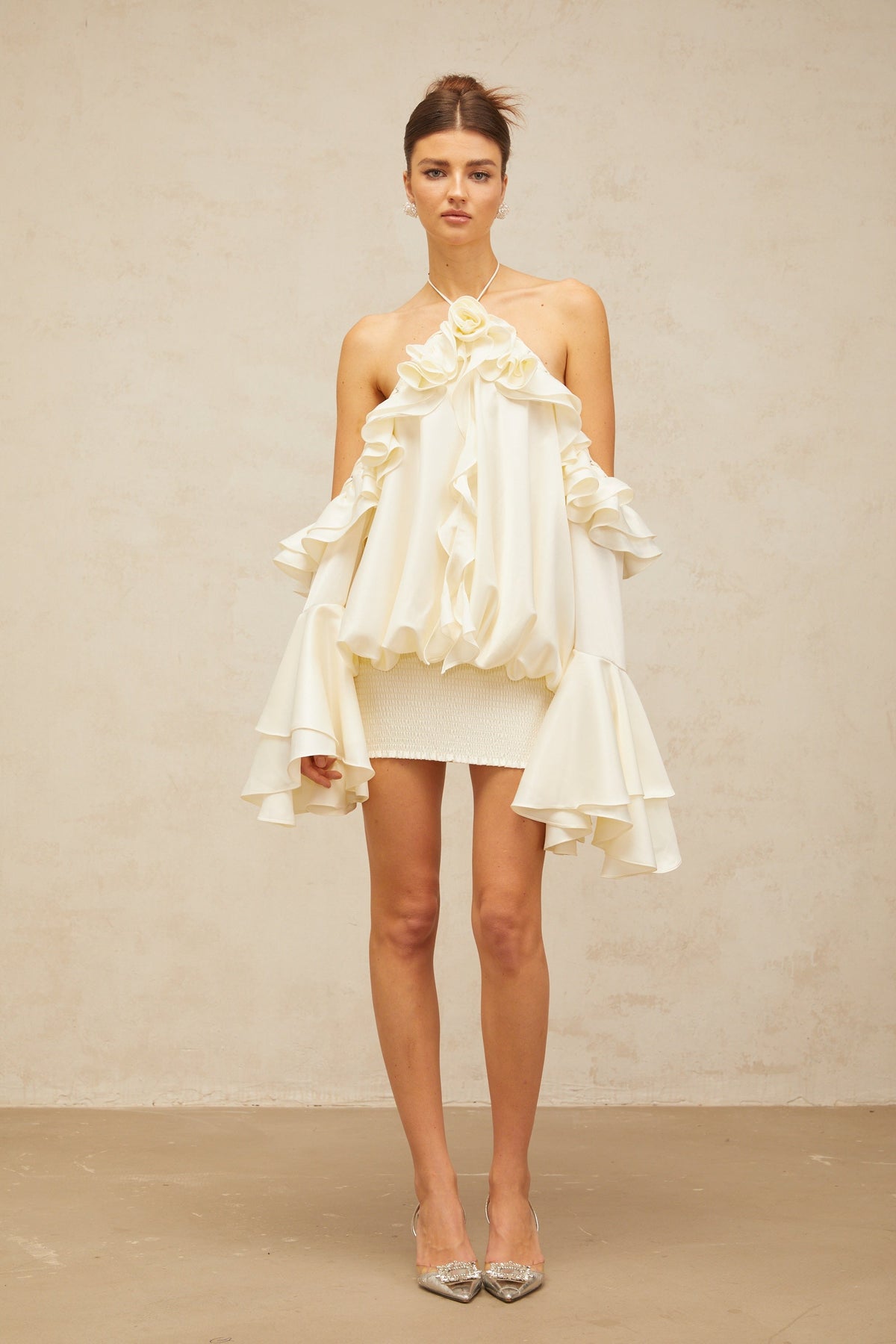 Fleur floral cold-shoulder ruffled mini dress
