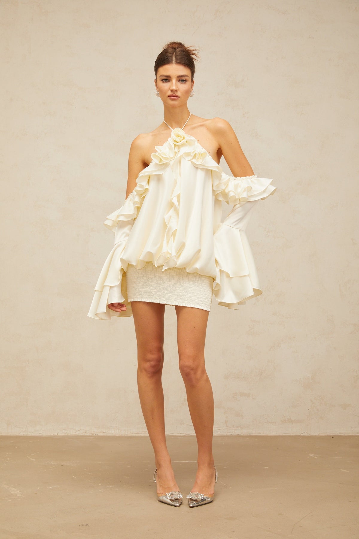 Fleur floral cold-shoulder ruffled mini dress
