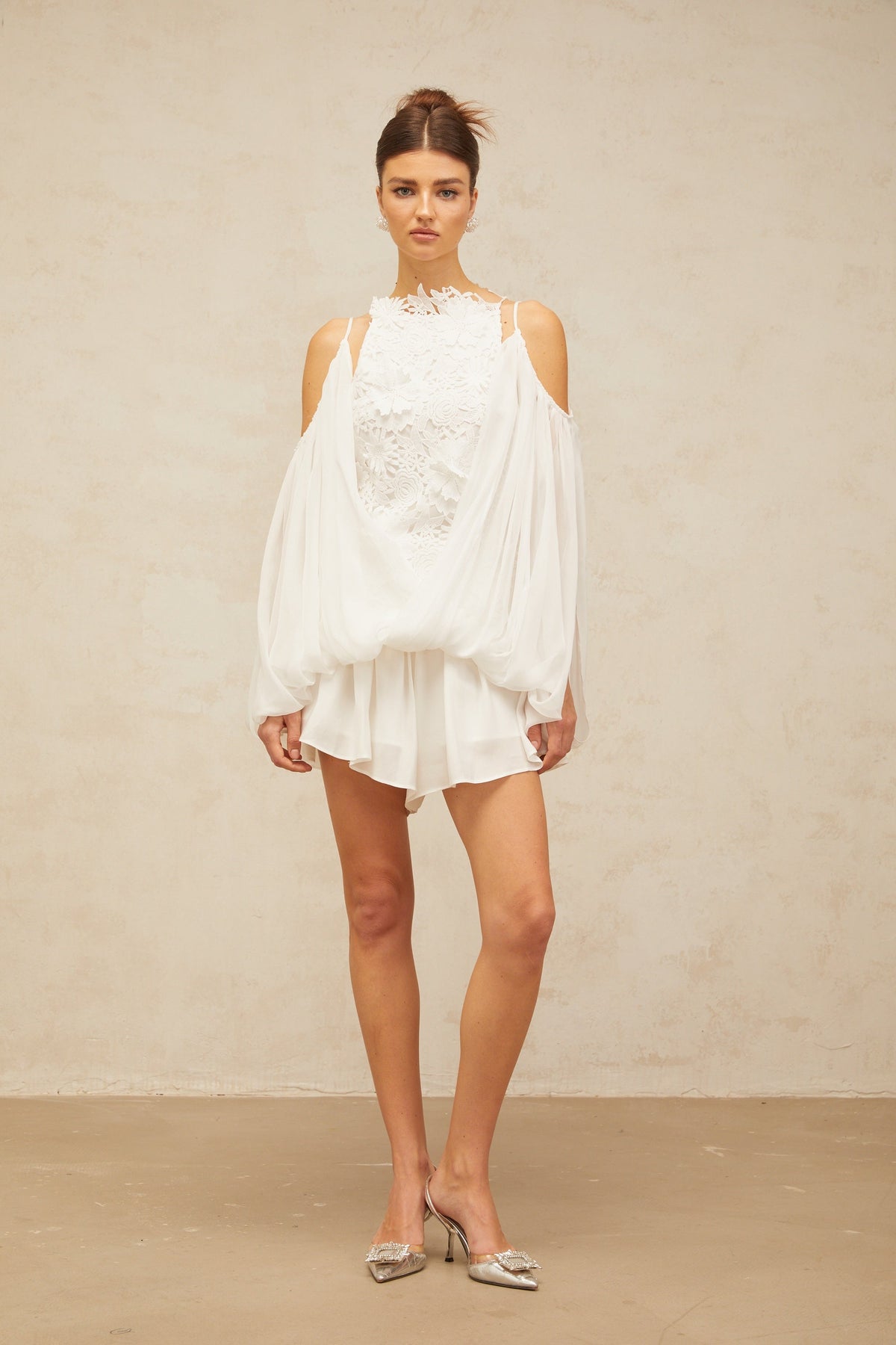 Mailys white floral-lace voile top & shorts matching set