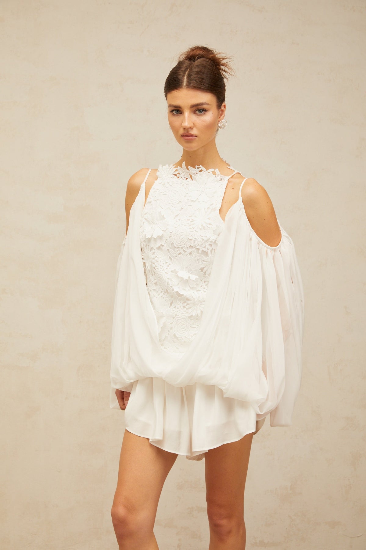 Mailys white floral-lace voile top & shorts matching set