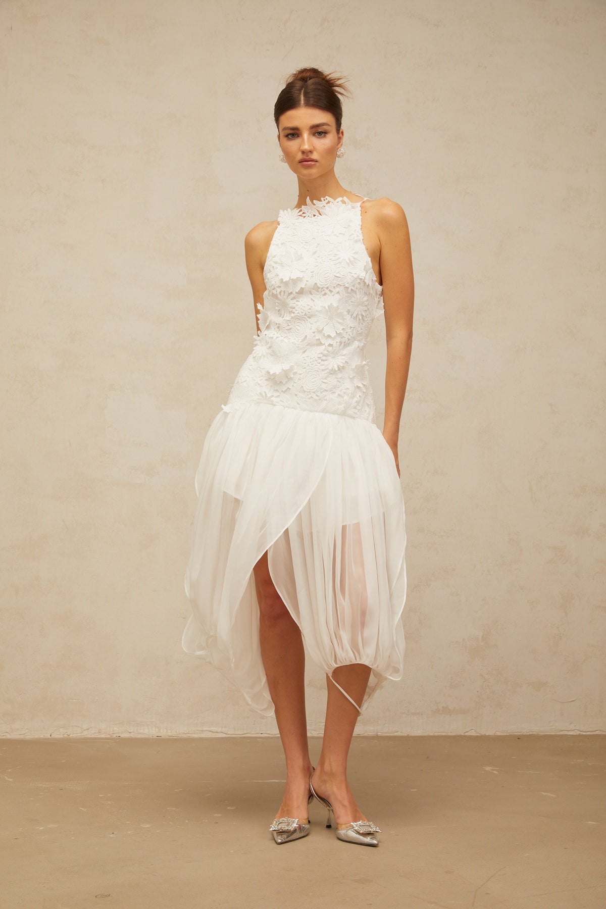 Mailys white floral-lace voile top & shorts matching set