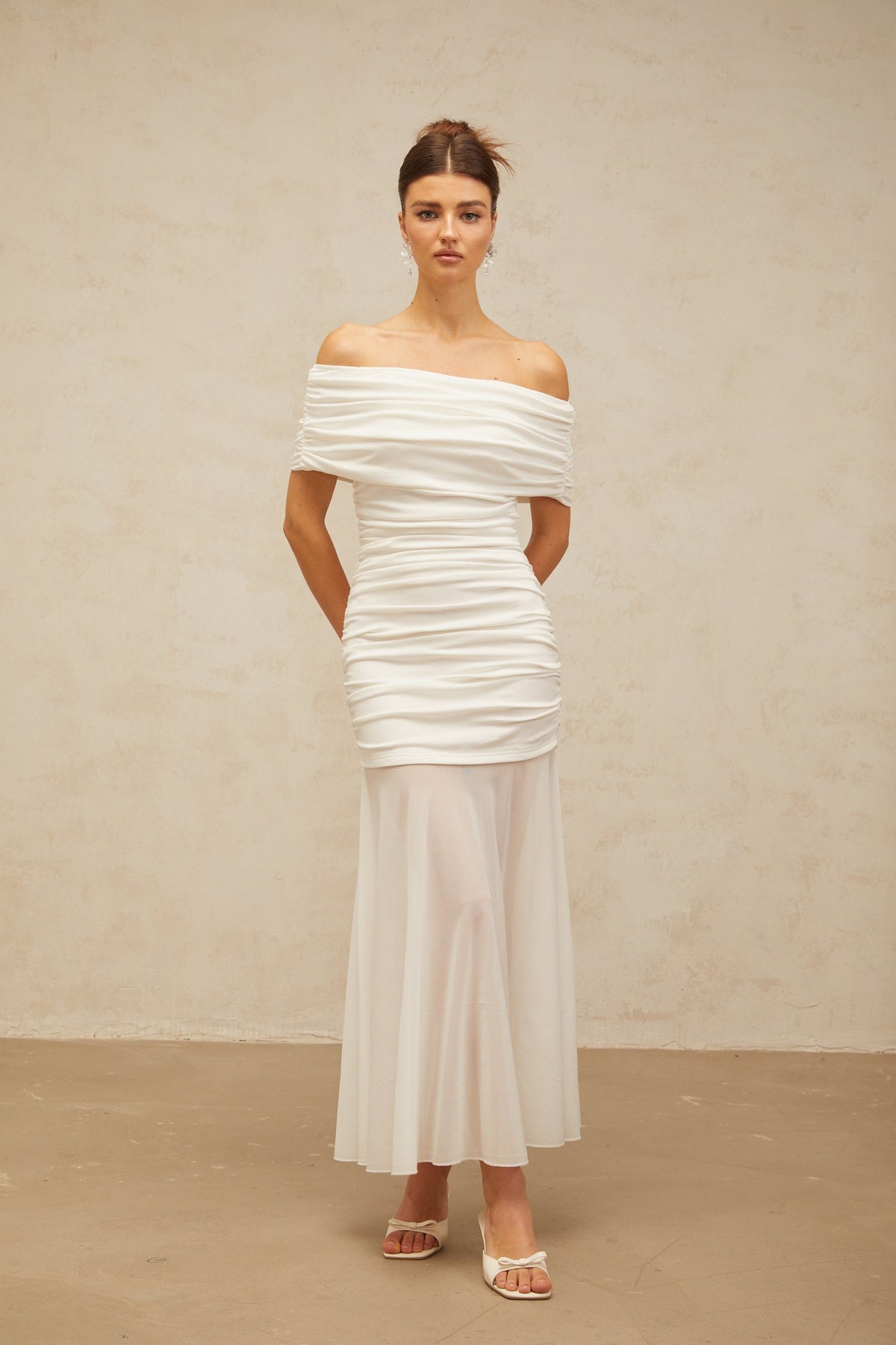 Calliopée white off-shoulder panelled midi dress