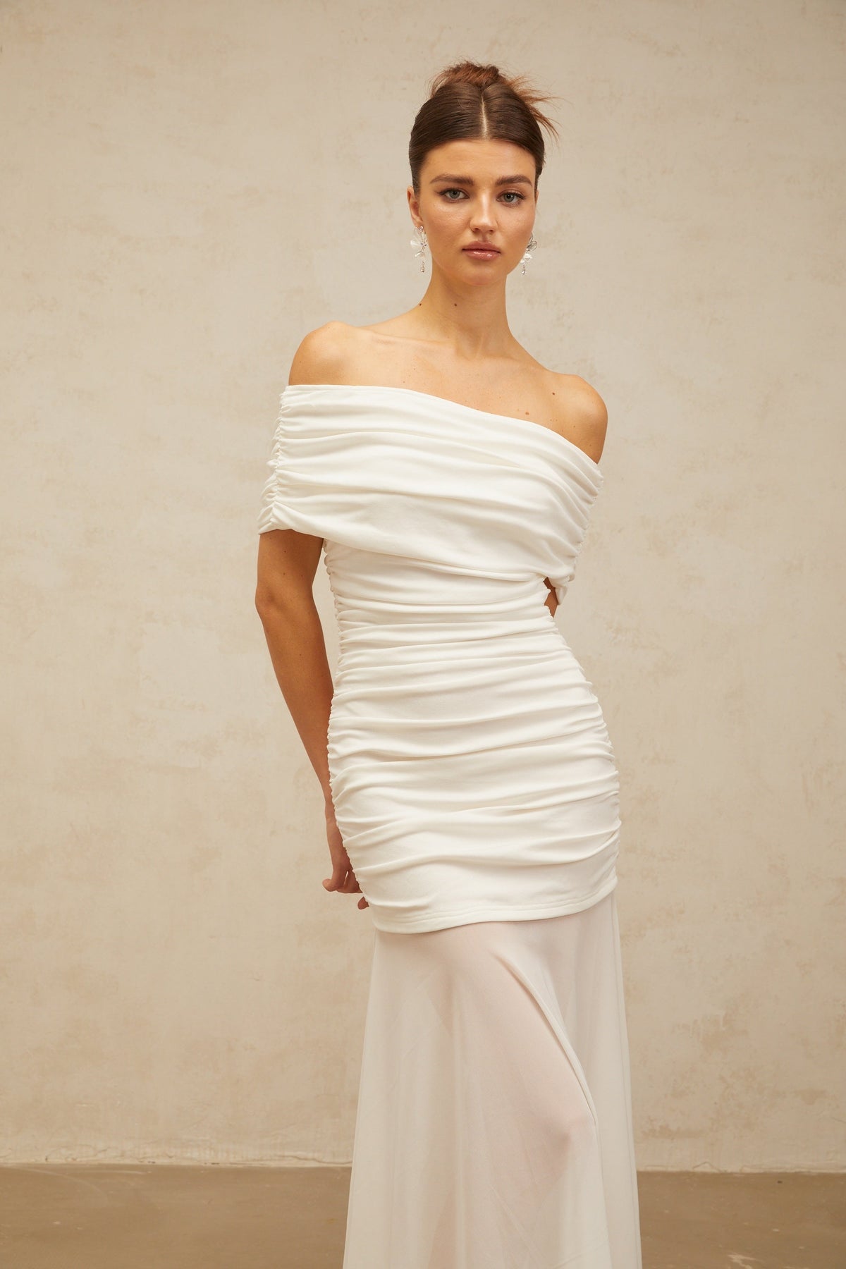 Calliopée white off-shoulder panelled midi dress
