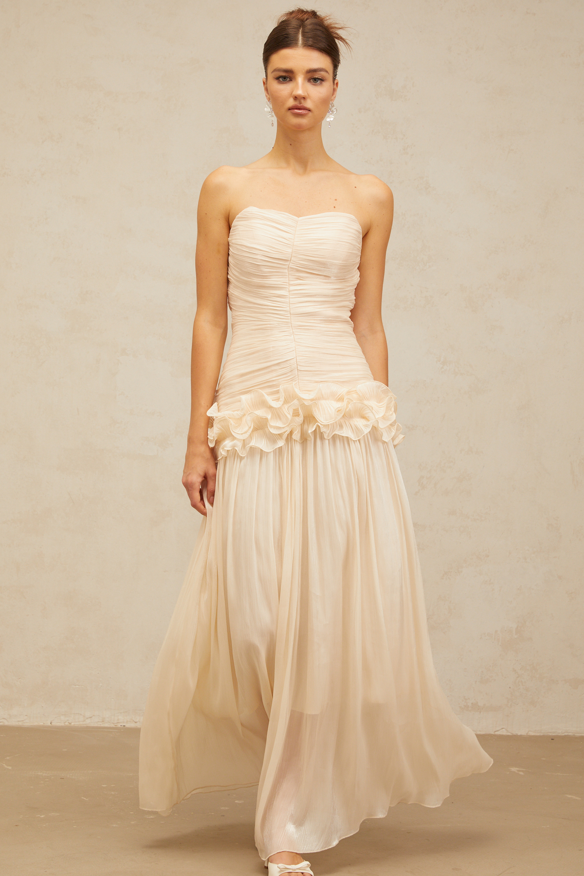 Céleste neutrals ruffled pleated maxi dress