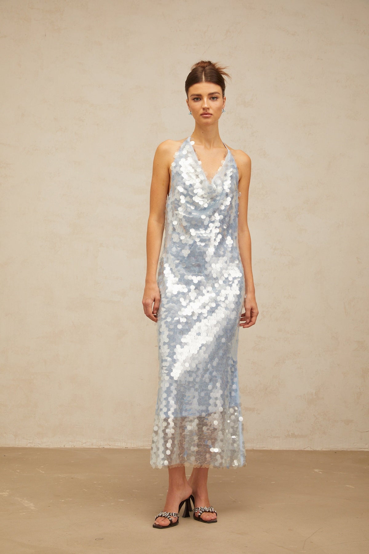 Babette blue halterneck sequined midi dress
