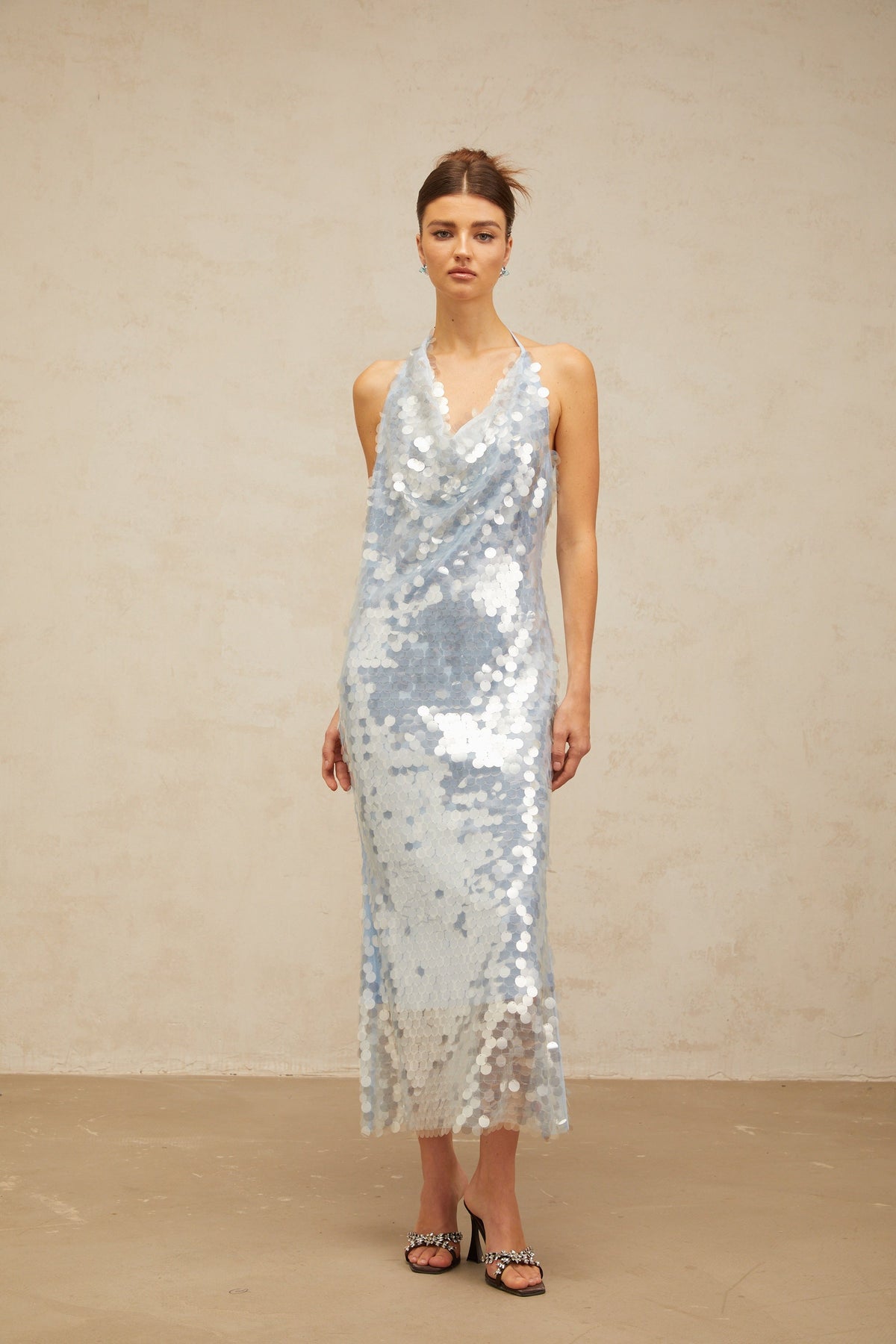 Babette blue halterneck sequined midi dress