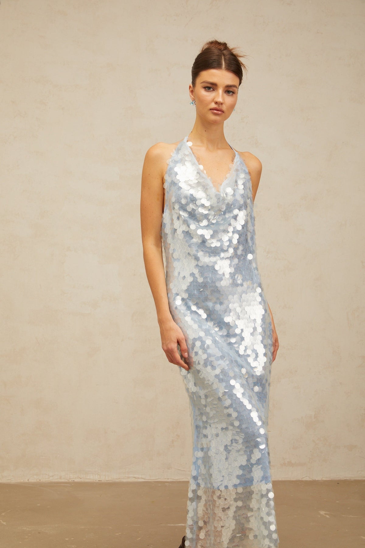 Babette blue halterneck sequined midi dress