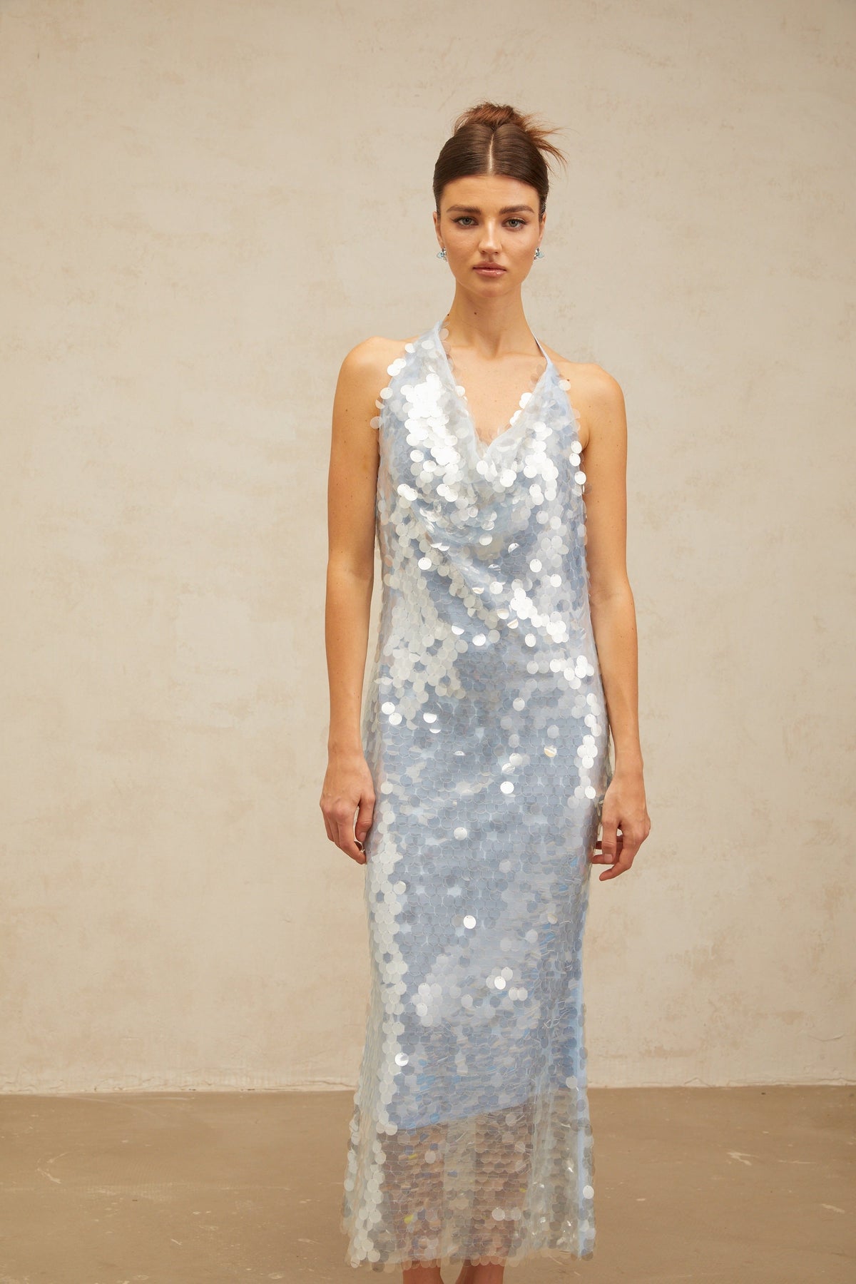 Babette blue halterneck sequined midi dress