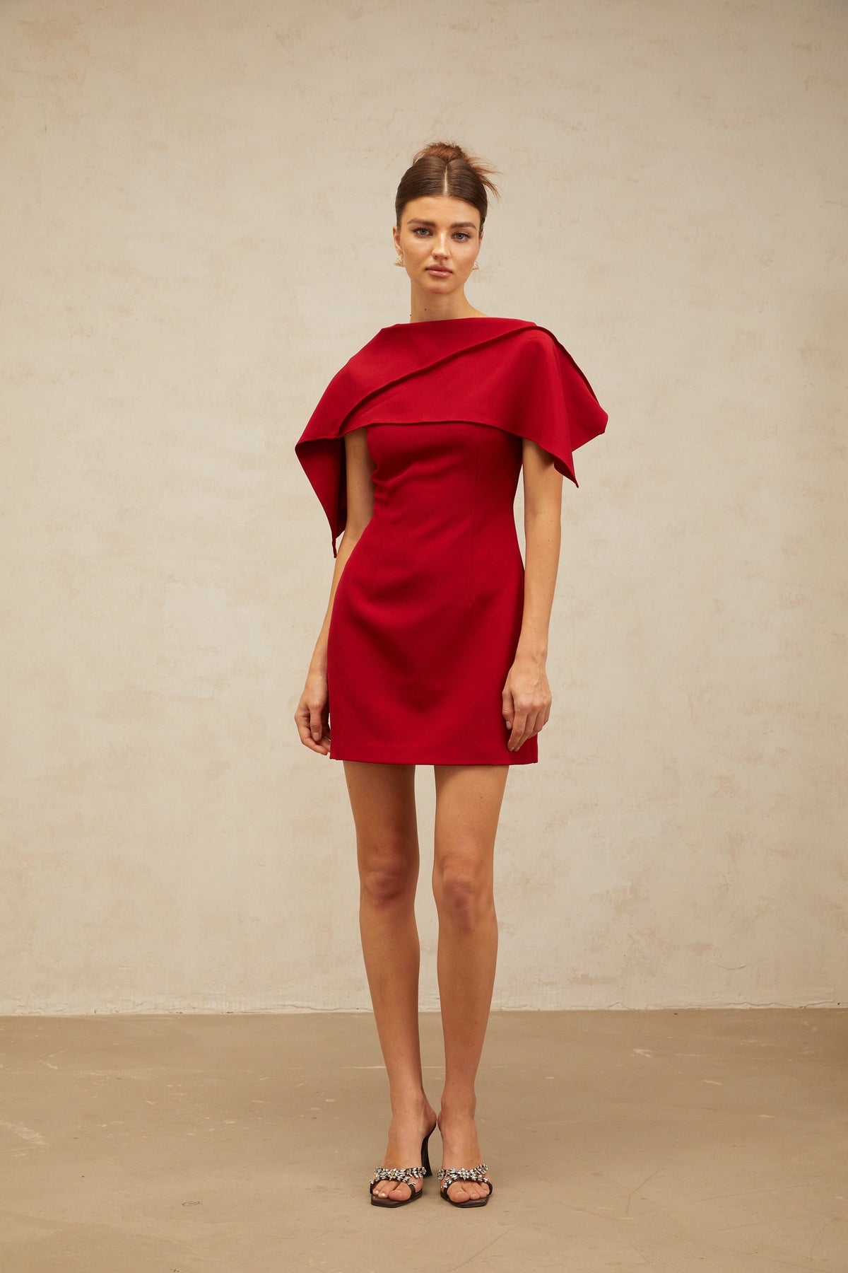 Constance wine-red cape-design A-line mini dress
