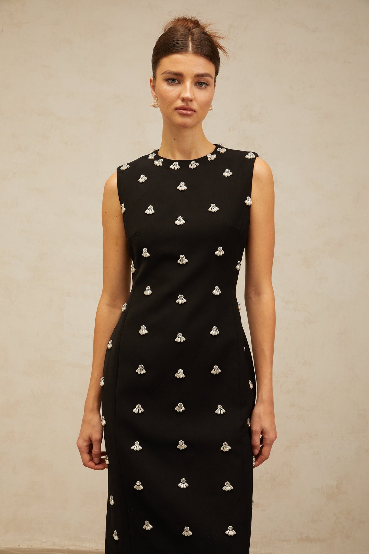 Xaviera black beaded tube midi dress