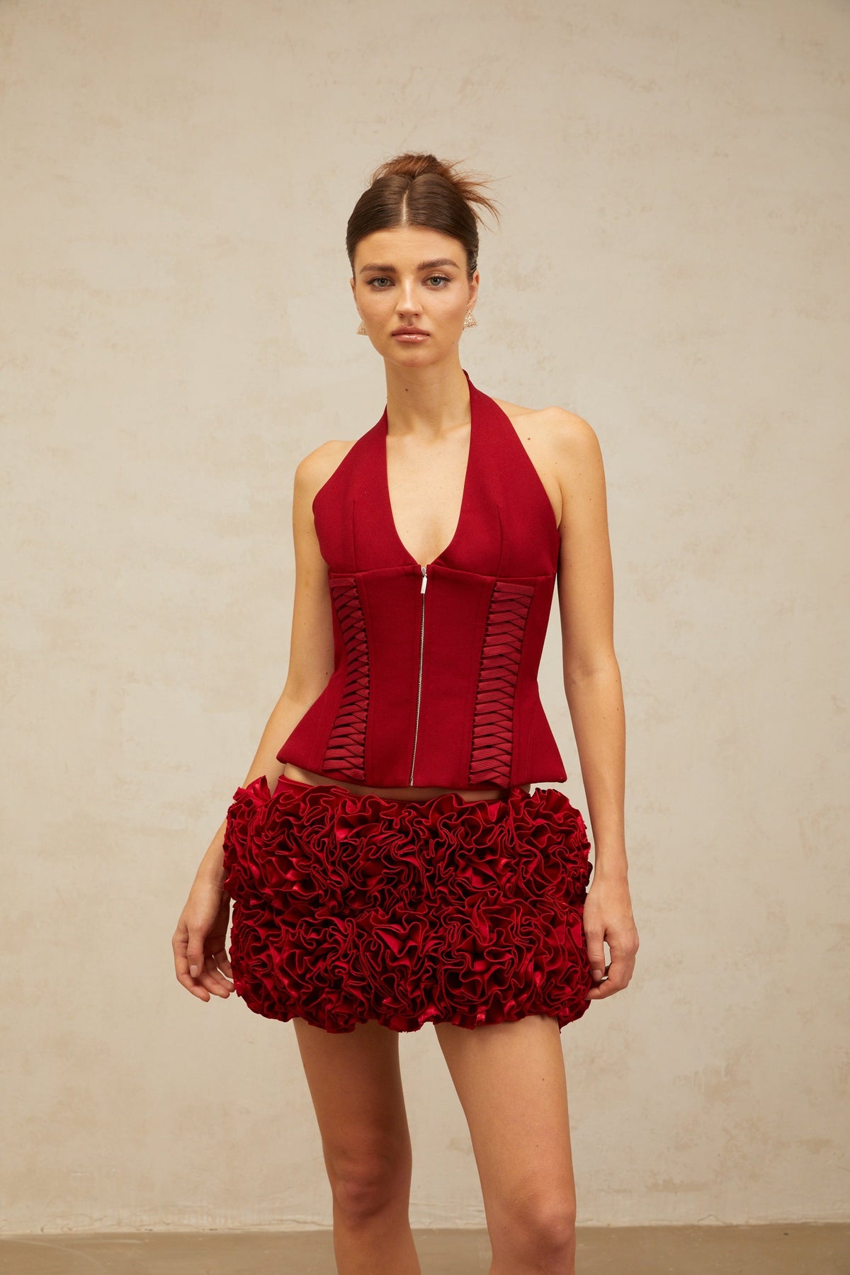 Paloma red halterneck lace-up top